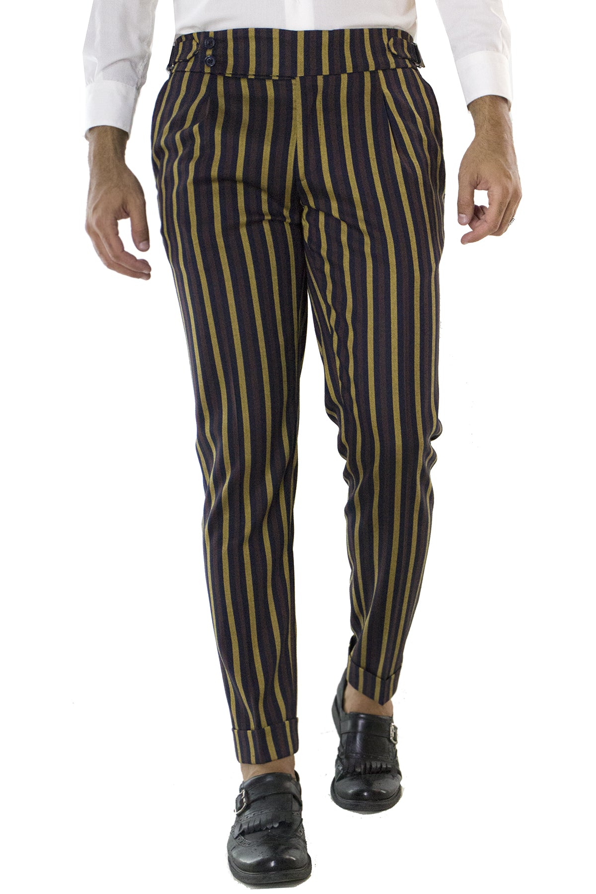 Pantalone uomo fantasia riga blu marrone in lana vita alta con pinces fibbie laterali e risvolto 4cm