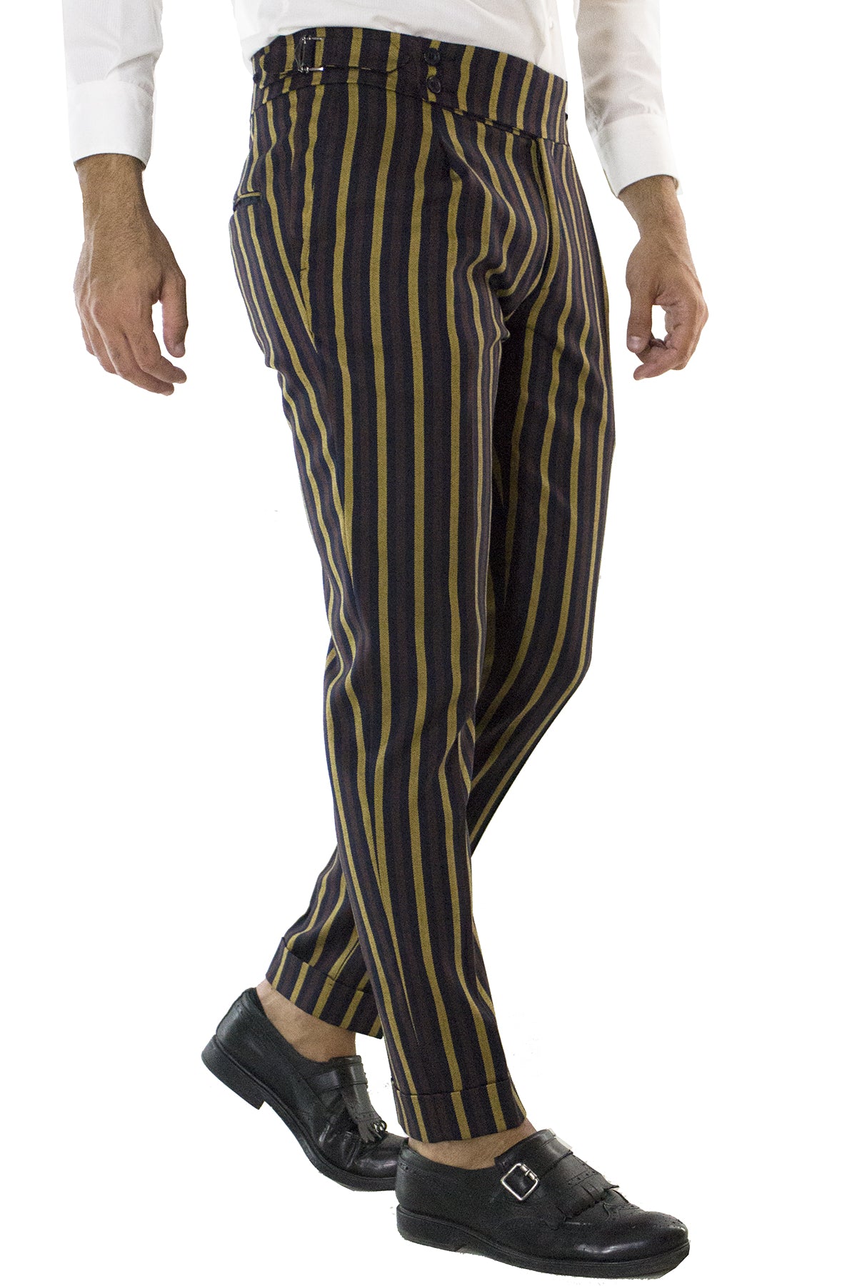 Pantalone uomo fantasia riga blu marrone in lana vita alta con pinces fibbie laterali e risvolto 4cm