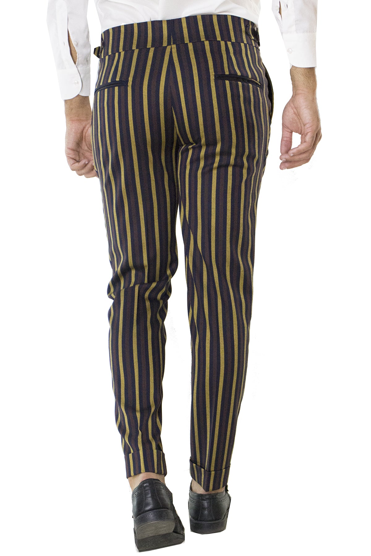 Pantalone uomo fantasia riga blu marrone in lana vita alta con pinces fibbie laterali e risvolto 4cm