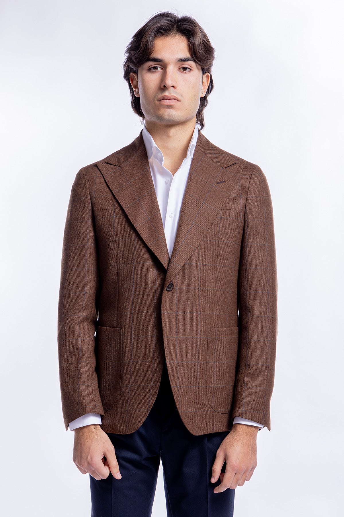Giacca uomo monopetto marrone a quadri sartoriale slim fit rever largo tasche a toppe