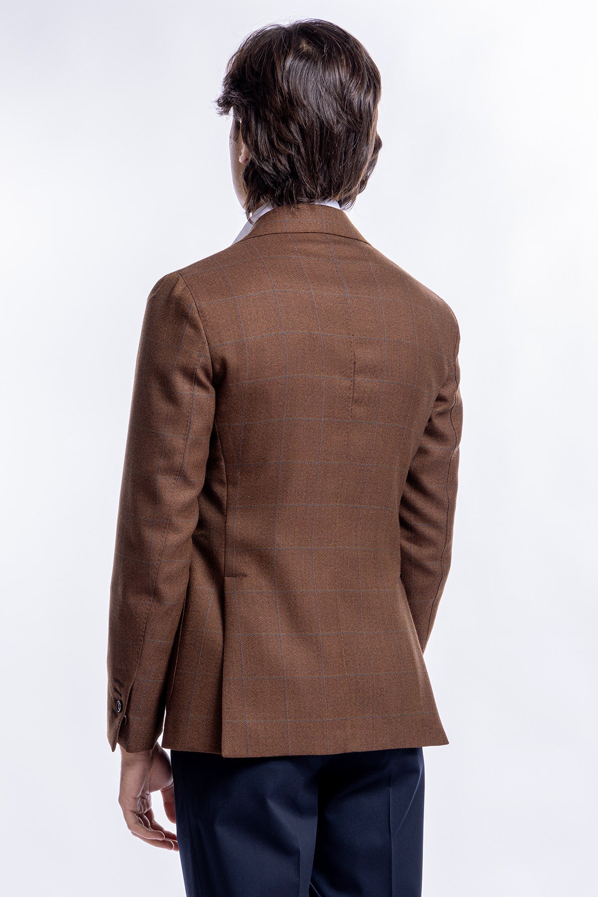 Giacca uomo monopetto marrone a quadri sartoriale slim fit rever largo tasche a toppe