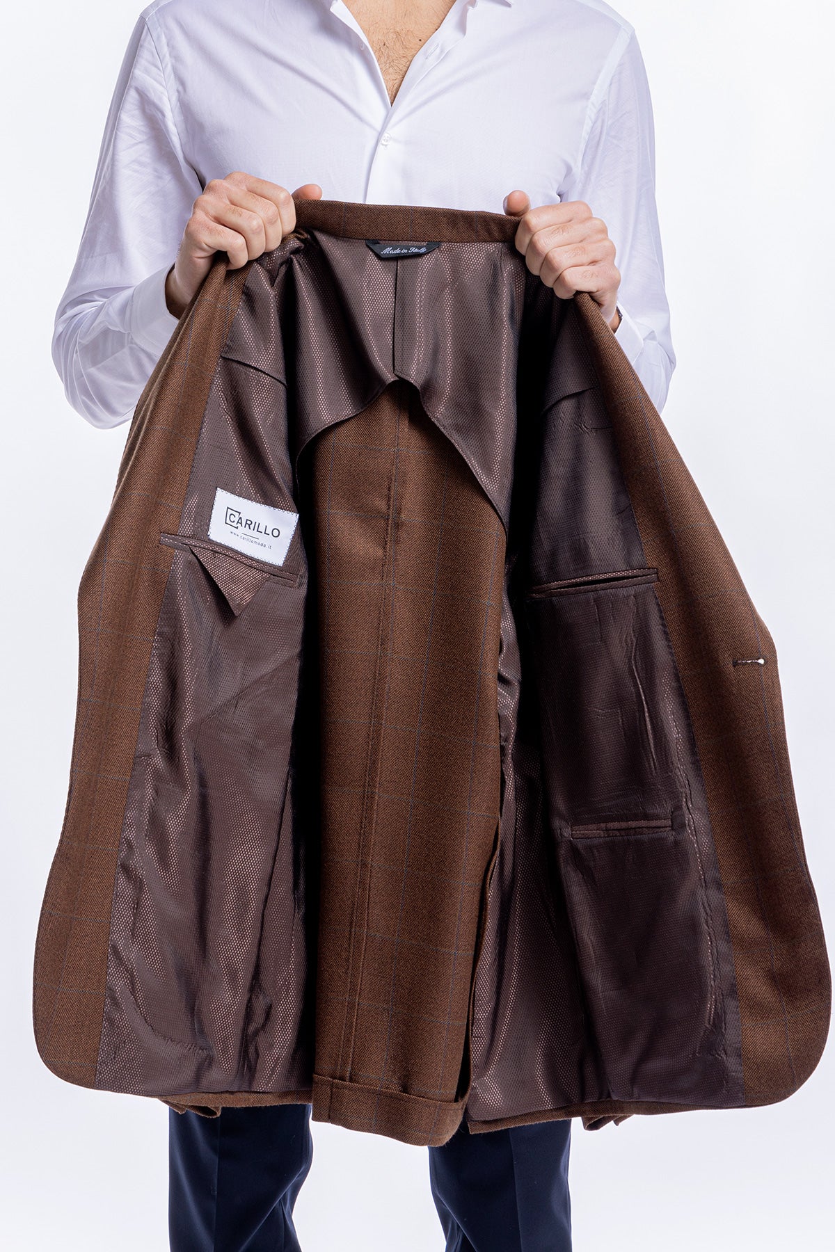 Giacca uomo monopetto marrone a quadri sartoriale slim fit rever largo tasche a toppe
