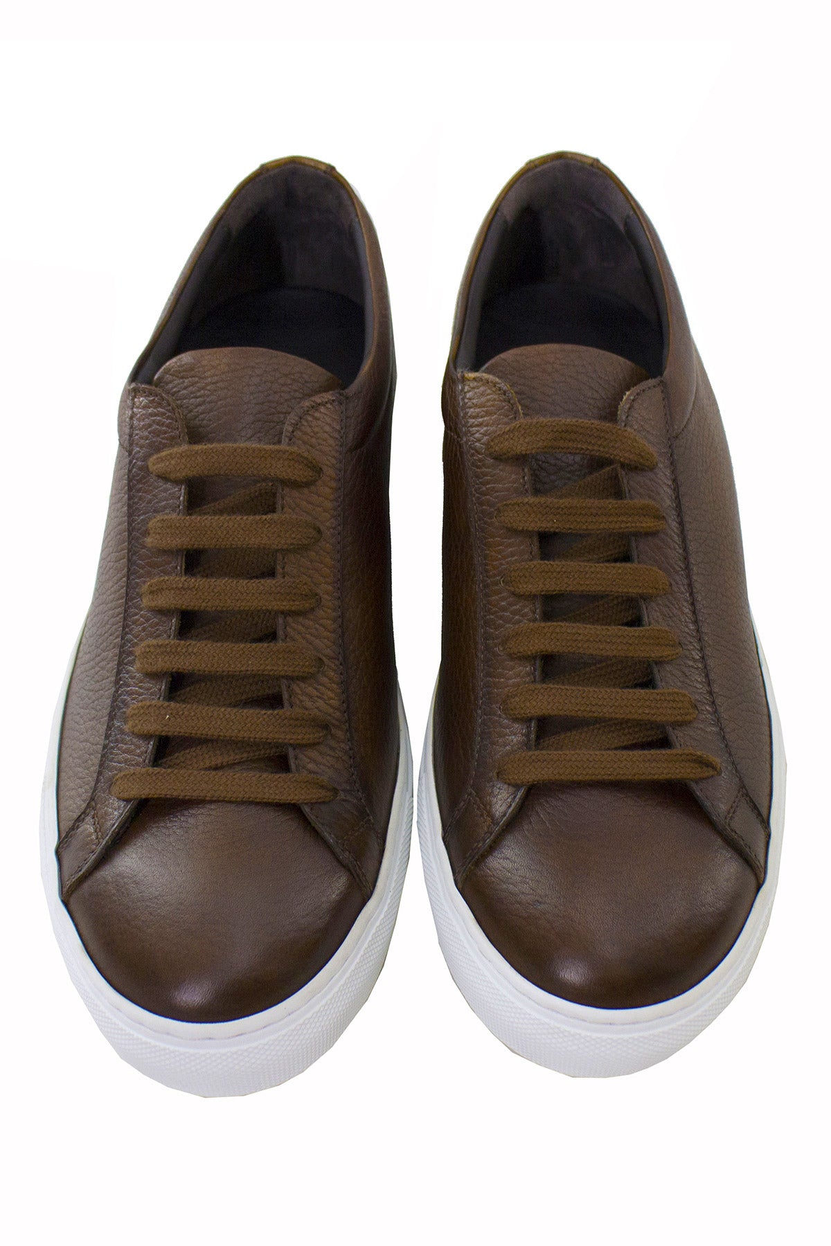 Sneakers uomo marroni in vera pelle con suola in gomma bianca made in italy