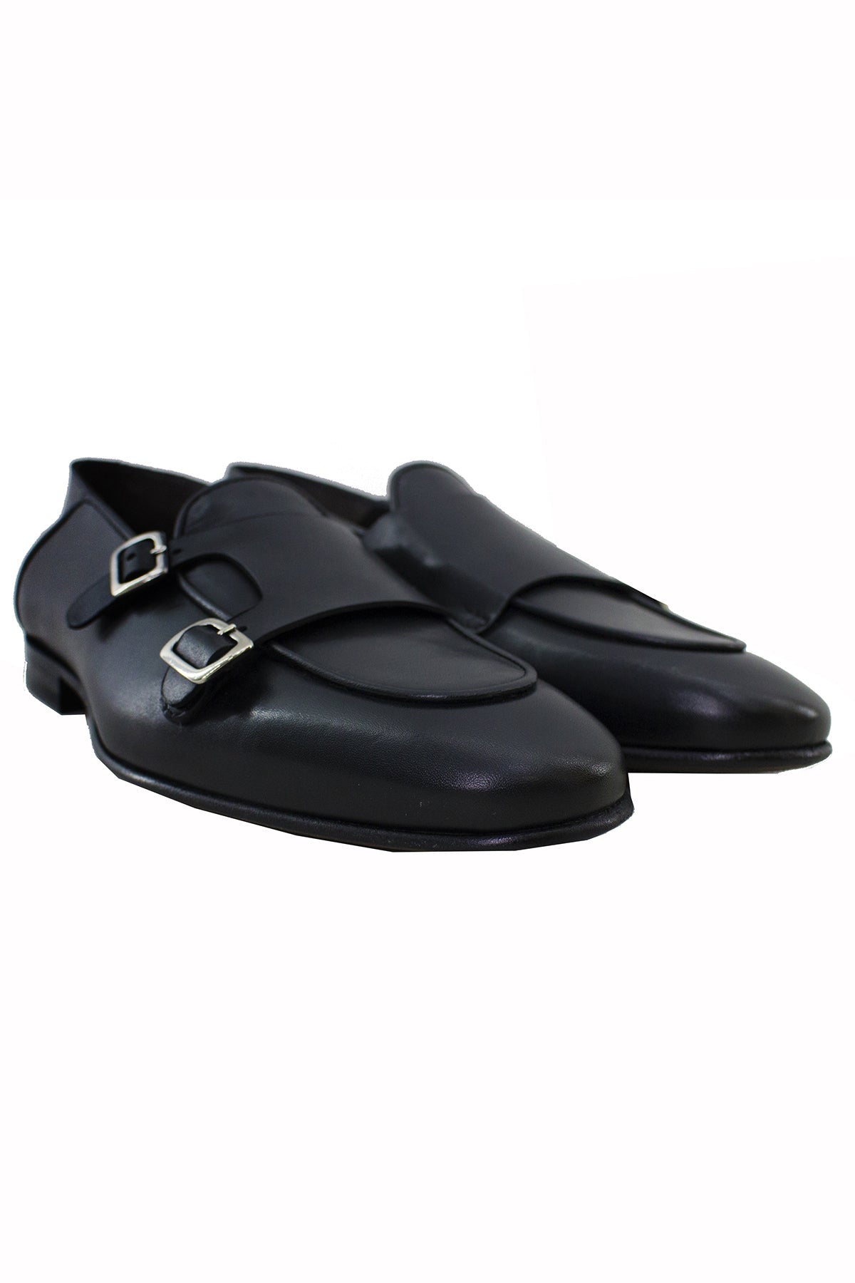 Mocassini uomo neri in vera pelle con doppia fibbia e suola in cuoio made in italy.