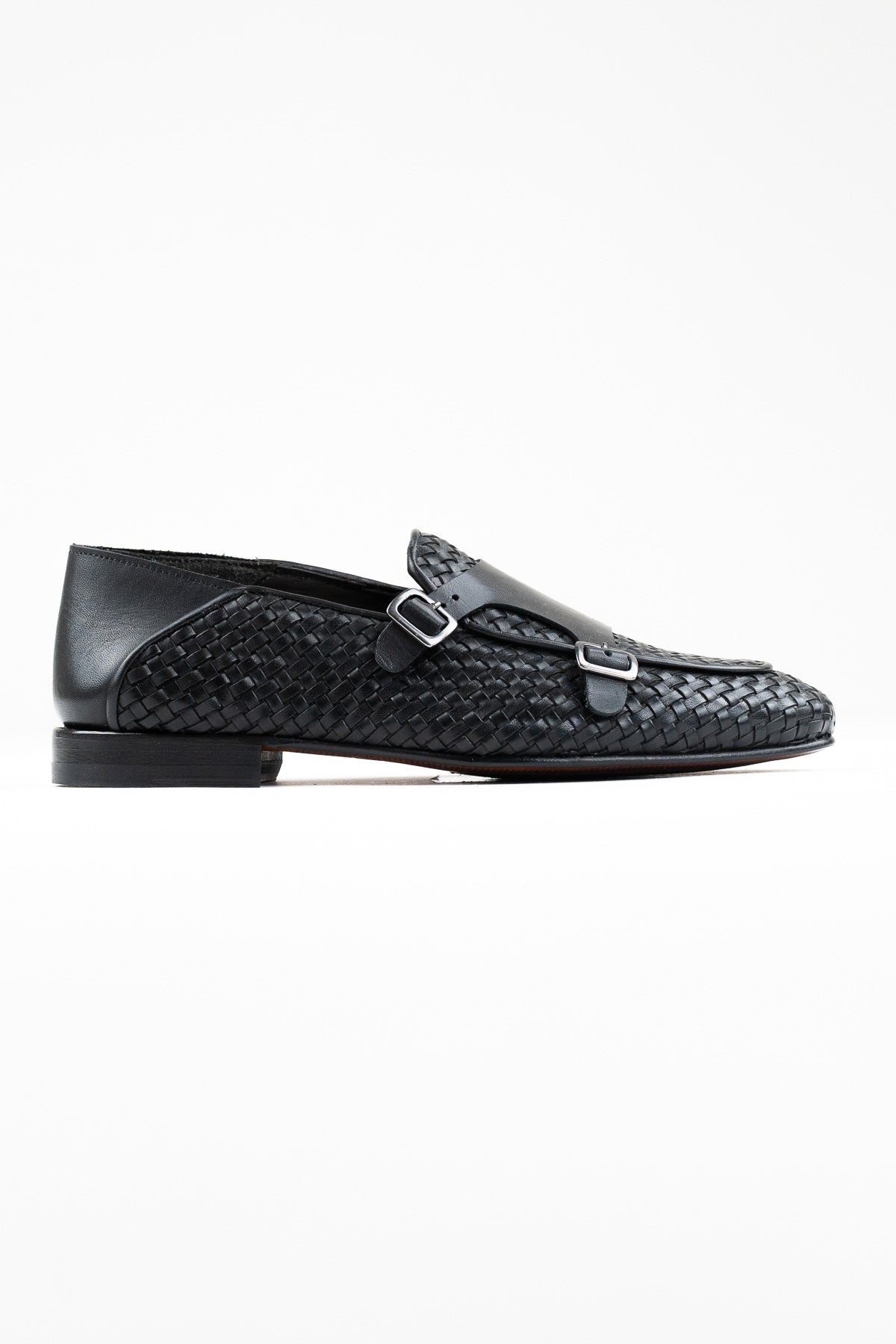 Mocassini uomo neri in vera pelle intrecciata con doppia fibbia e suola in cuoio made in italy