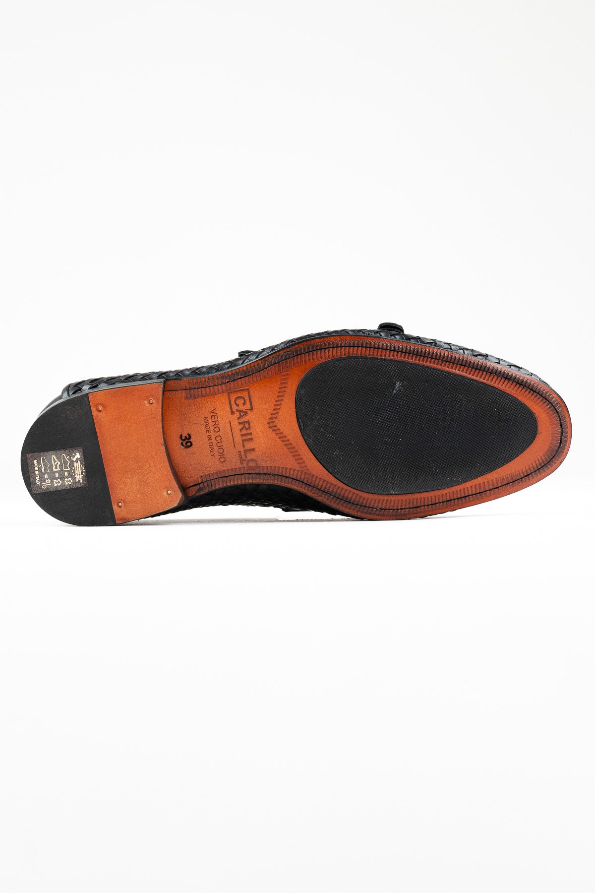 Mocassini uomo neri in vera pelle intrecciata con doppia fibbia e suola in cuoio made in italy