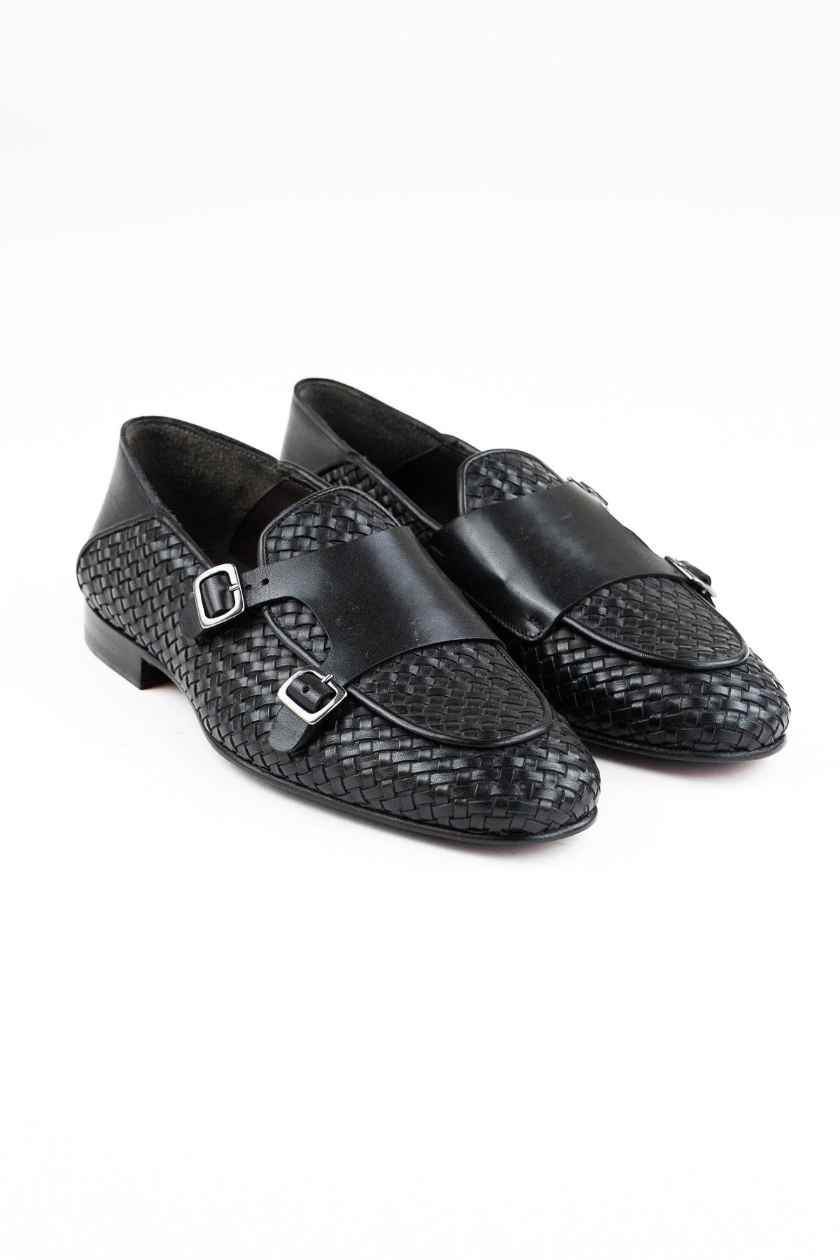 Mocassini uomo neri in vera pelle intrecciata con doppia fibbia e suola in cuoio made in italy