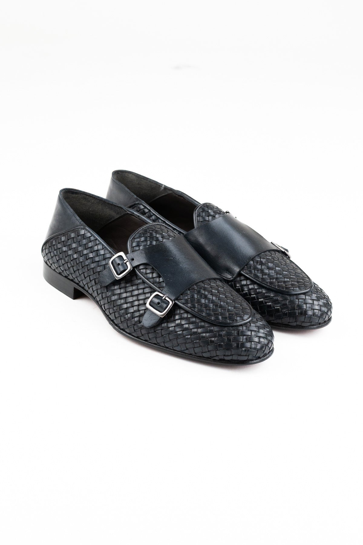 Mocassini uomo blu in vera pelle intrecciata con doppia fibbia e suola in cuoio made in italy