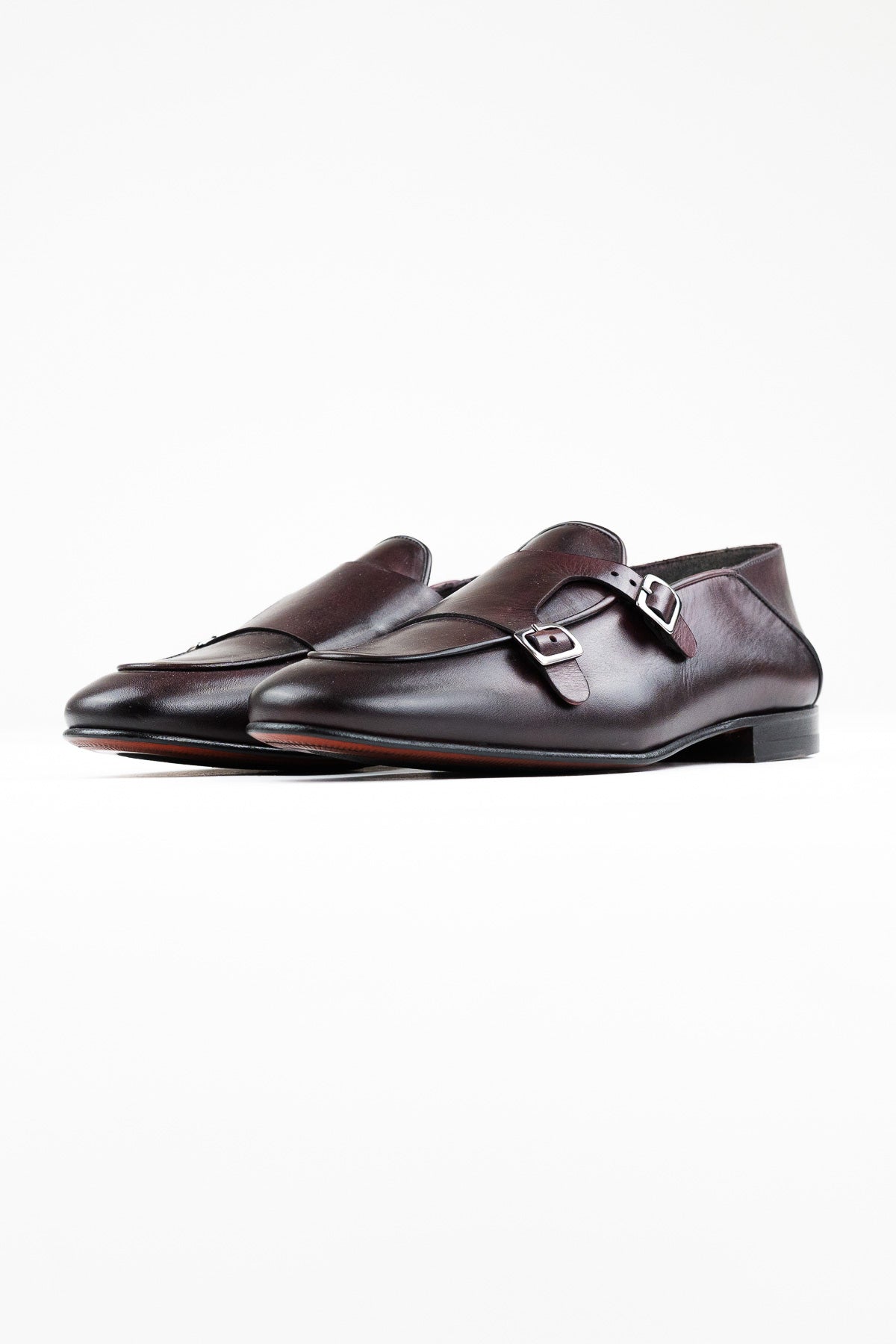 Mocassini uomo bordeaux in vera pelle con doppia fibbia e suola in cuoio made in italy
