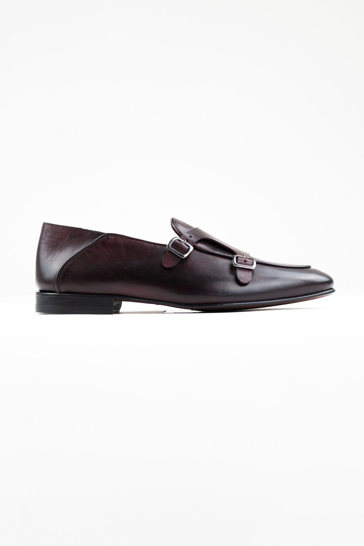 Mocassini uomo bordeaux in vera pelle con doppia fibbia e suola in cuoio made in italy