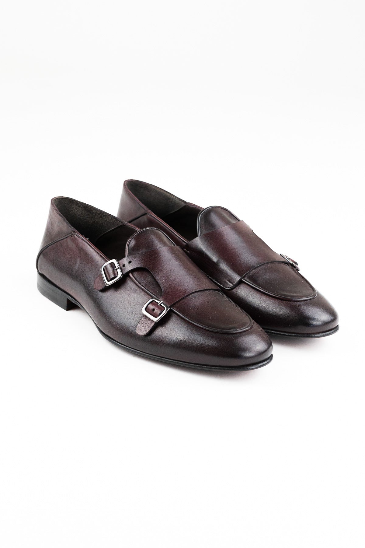 Mocassini uomo bordeaux in vera pelle con doppia fibbia e suola in cuoio made in italy