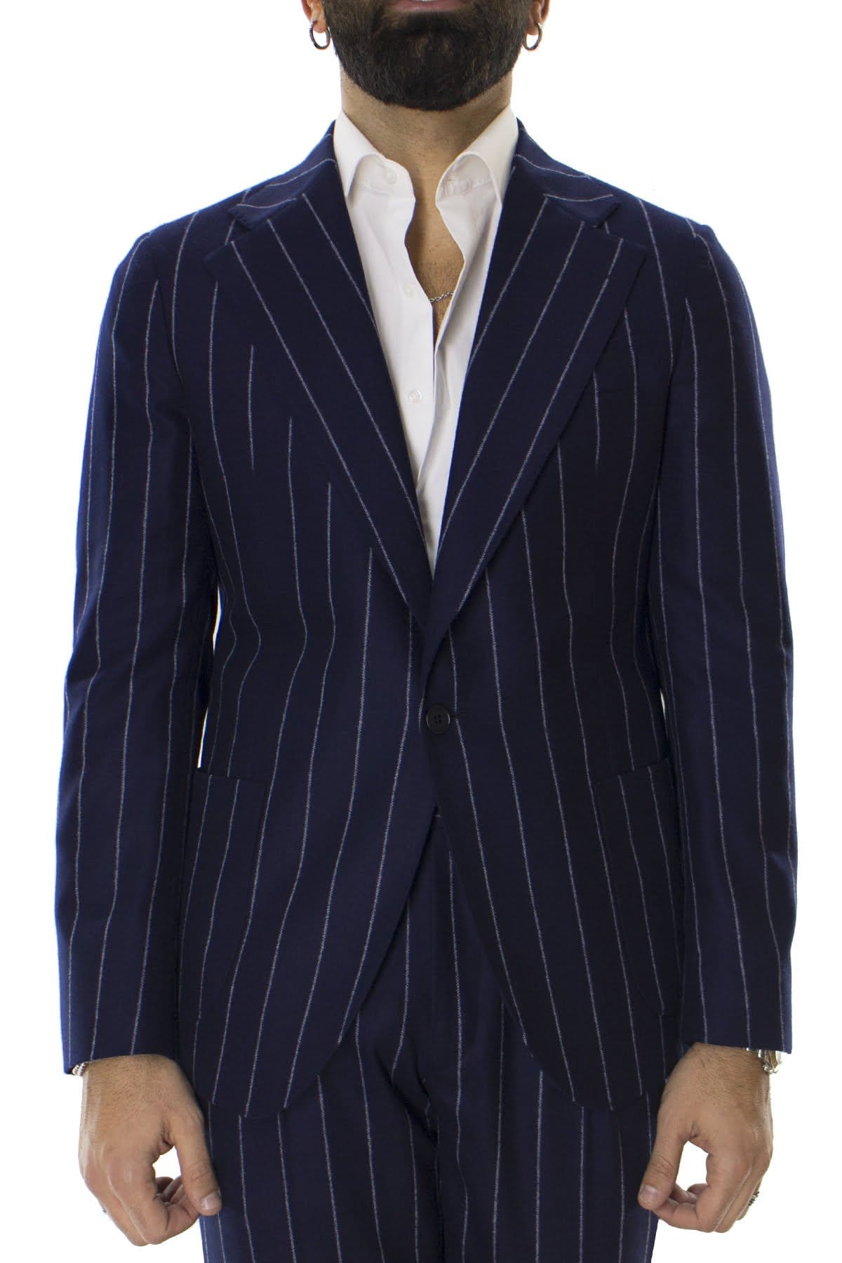 Giacca uomo monopetto blu gessata in lana sartoriale slim fit rever largo vitale barberis canonico