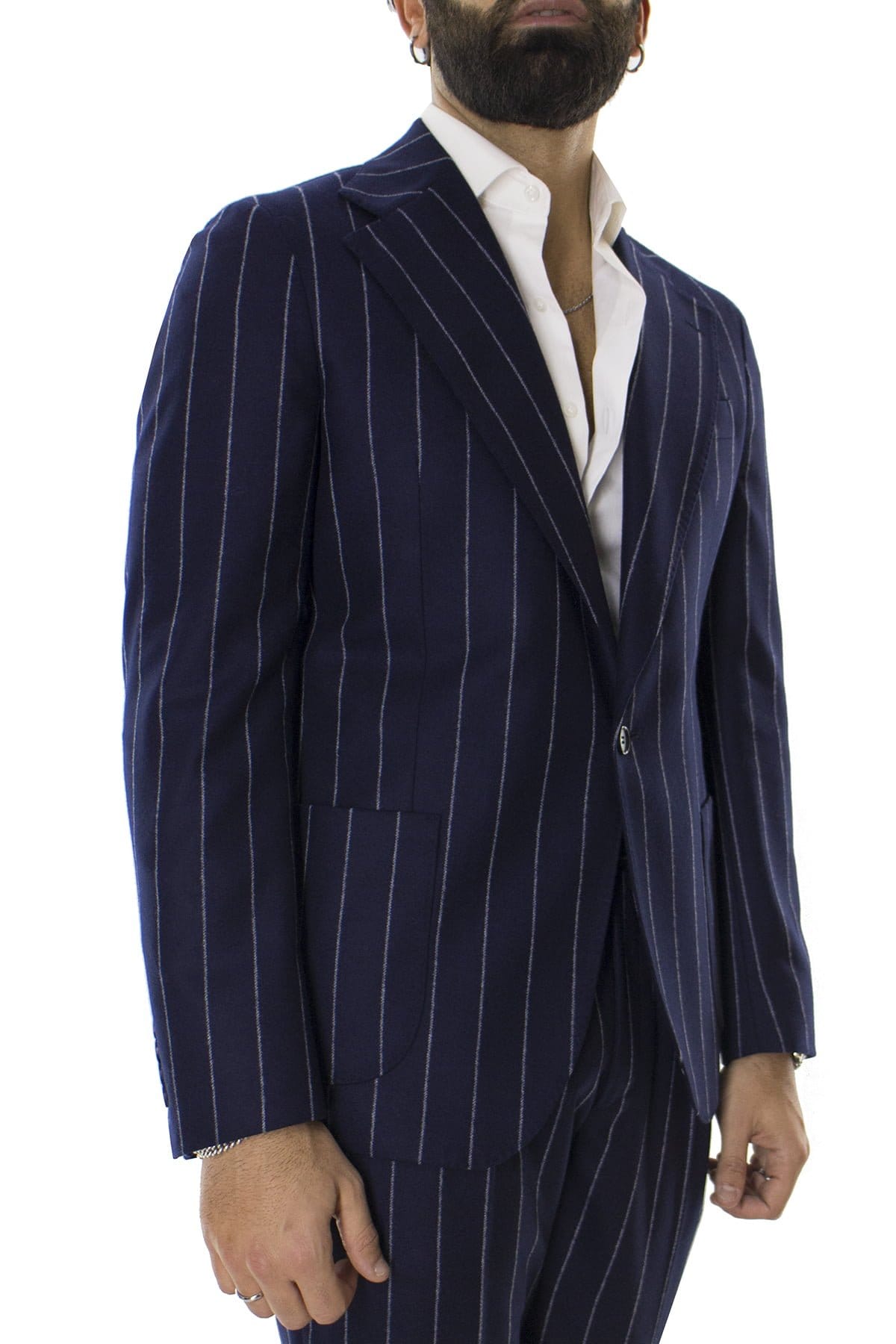 Giacca uomo monopetto blu gessata in lana sartoriale slim fit rever largo vitale barberis canonico