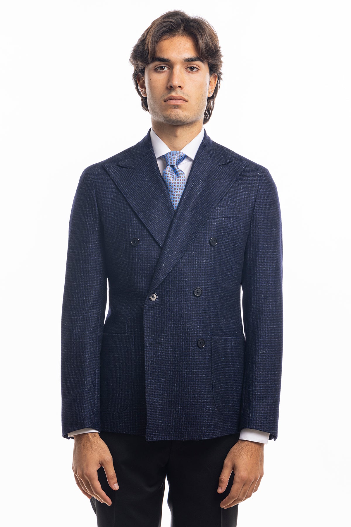 Giacca uomo doppiopetto blu in lana fantasia micro nera sartoriale slim fit rever largo vitale barberis canonico