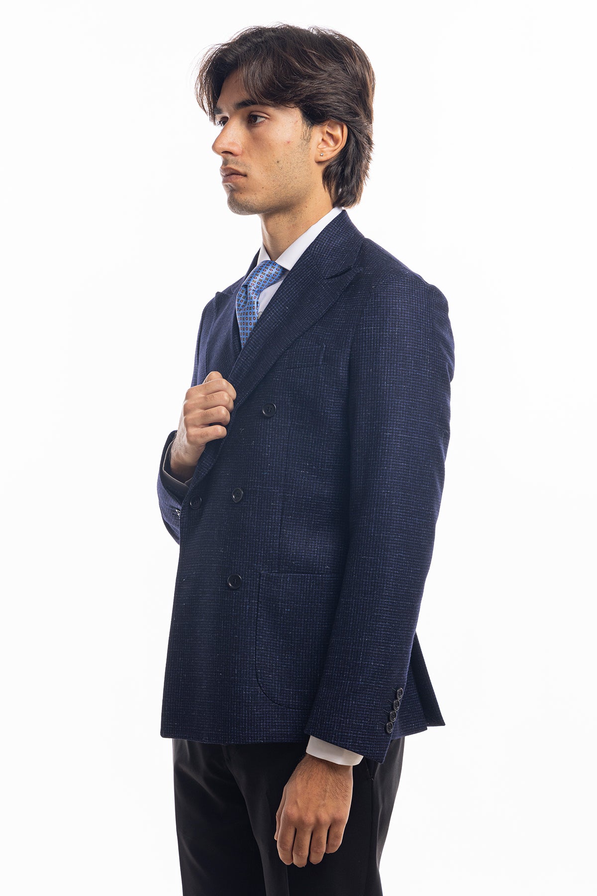 Giacca uomo doppiopetto blu in lana fantasia micro nera sartoriale slim fit rever largo vitale barberis canonico