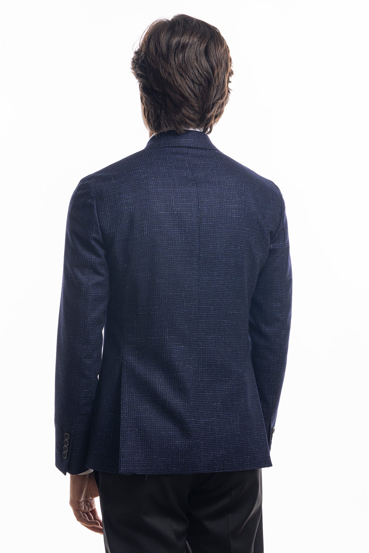 Giacca uomo doppiopetto blu in lana fantasia micro nera sartoriale slim fit rever largo vitale barberis canonico