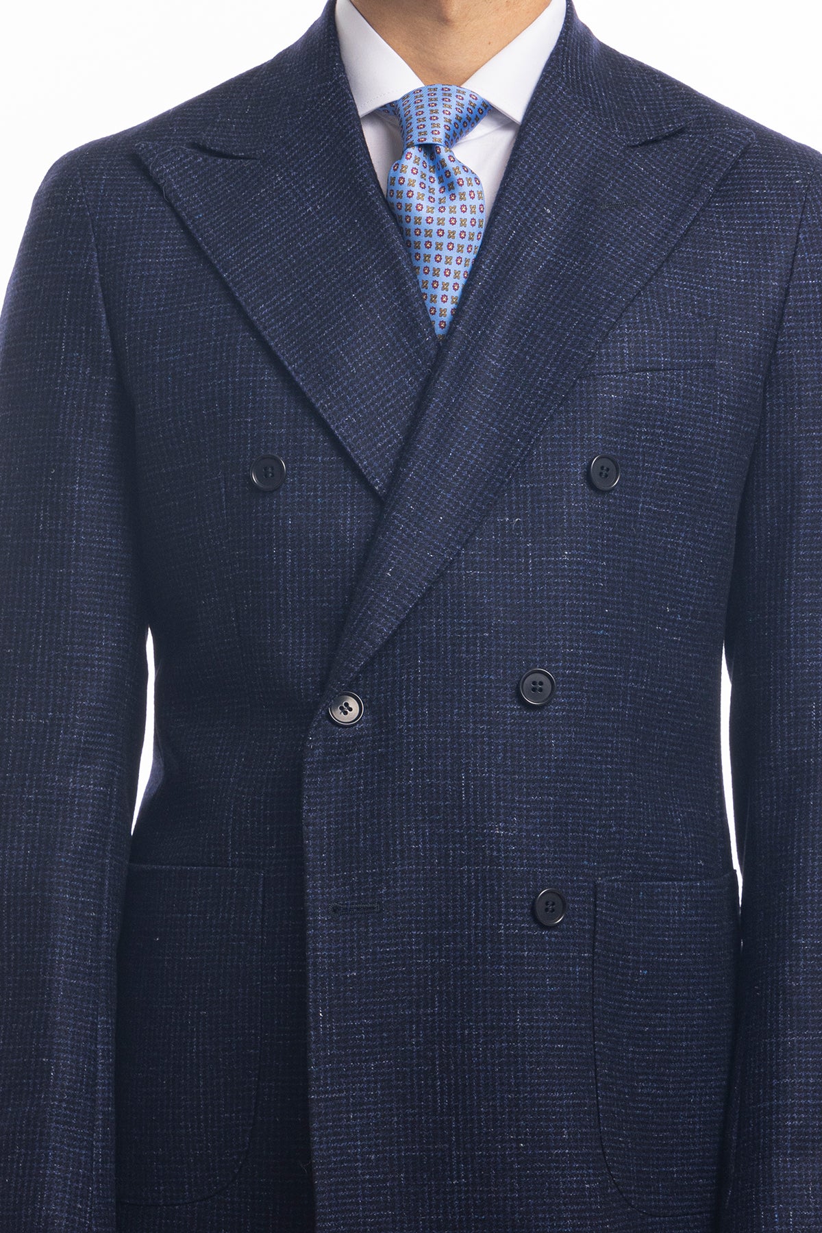 Giacca uomo doppiopetto blu in lana fantasia micro nera sartoriale slim fit rever largo vitale barberis canonico