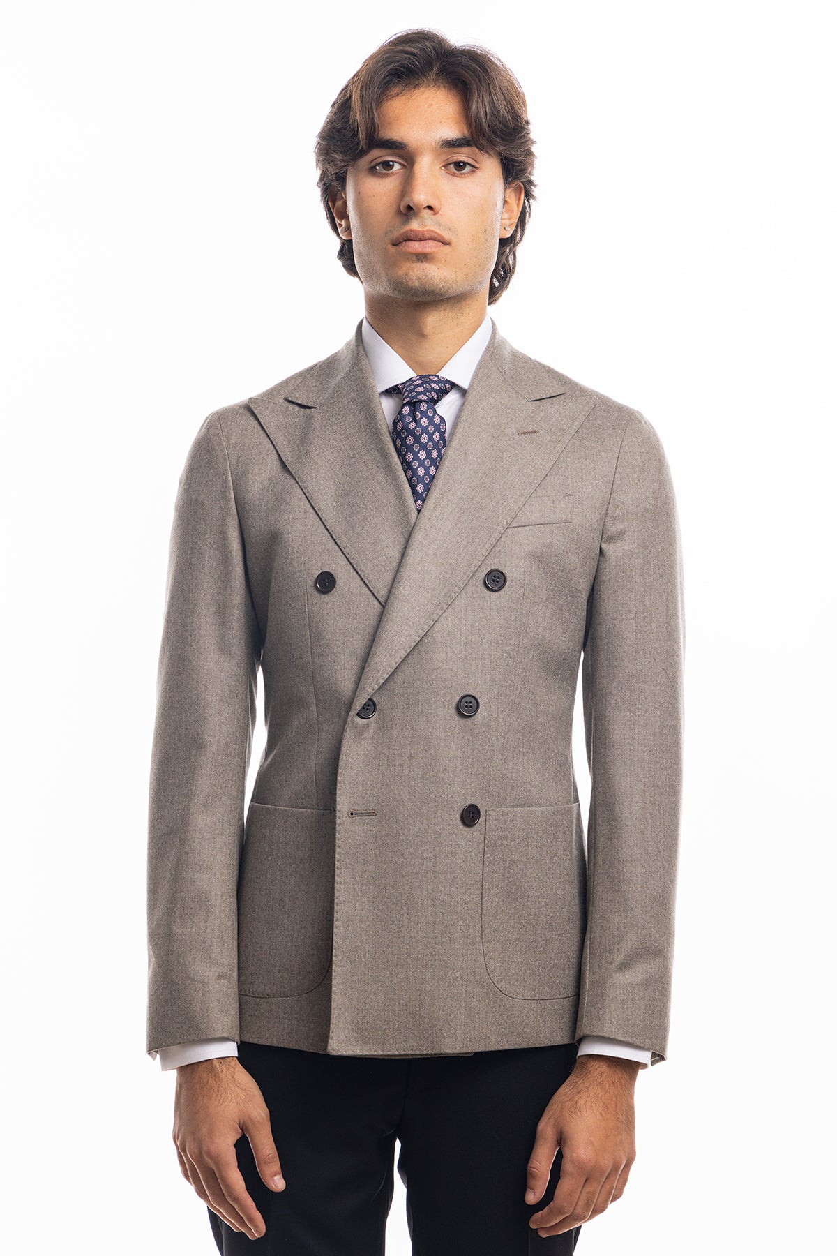 Giacca uomo doppiopetto tortora in lana sartoriale slim fit rever largo vitale barberis canonico