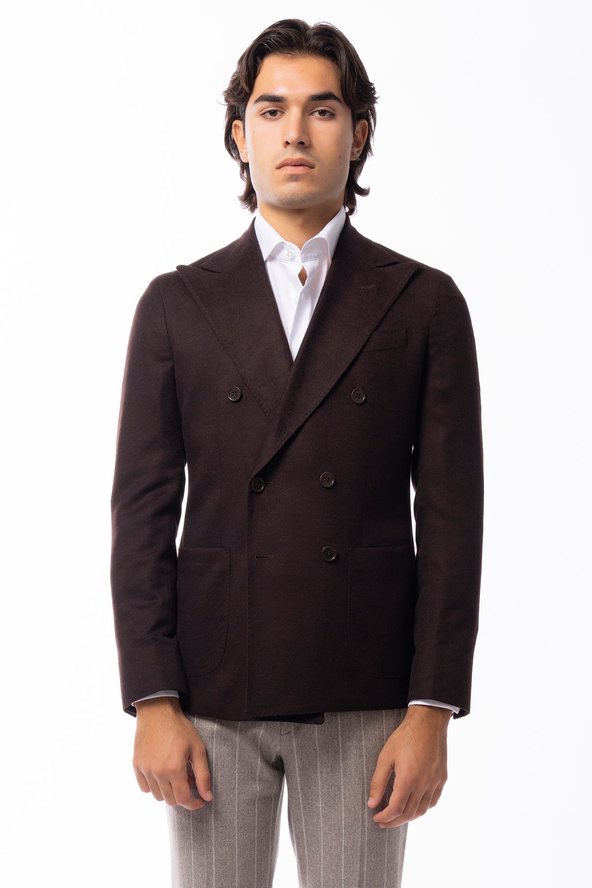Giacca uomo doppiopetto marrone in cashmere 100% sartoriale slim fit rever largo vitale barberis canonico