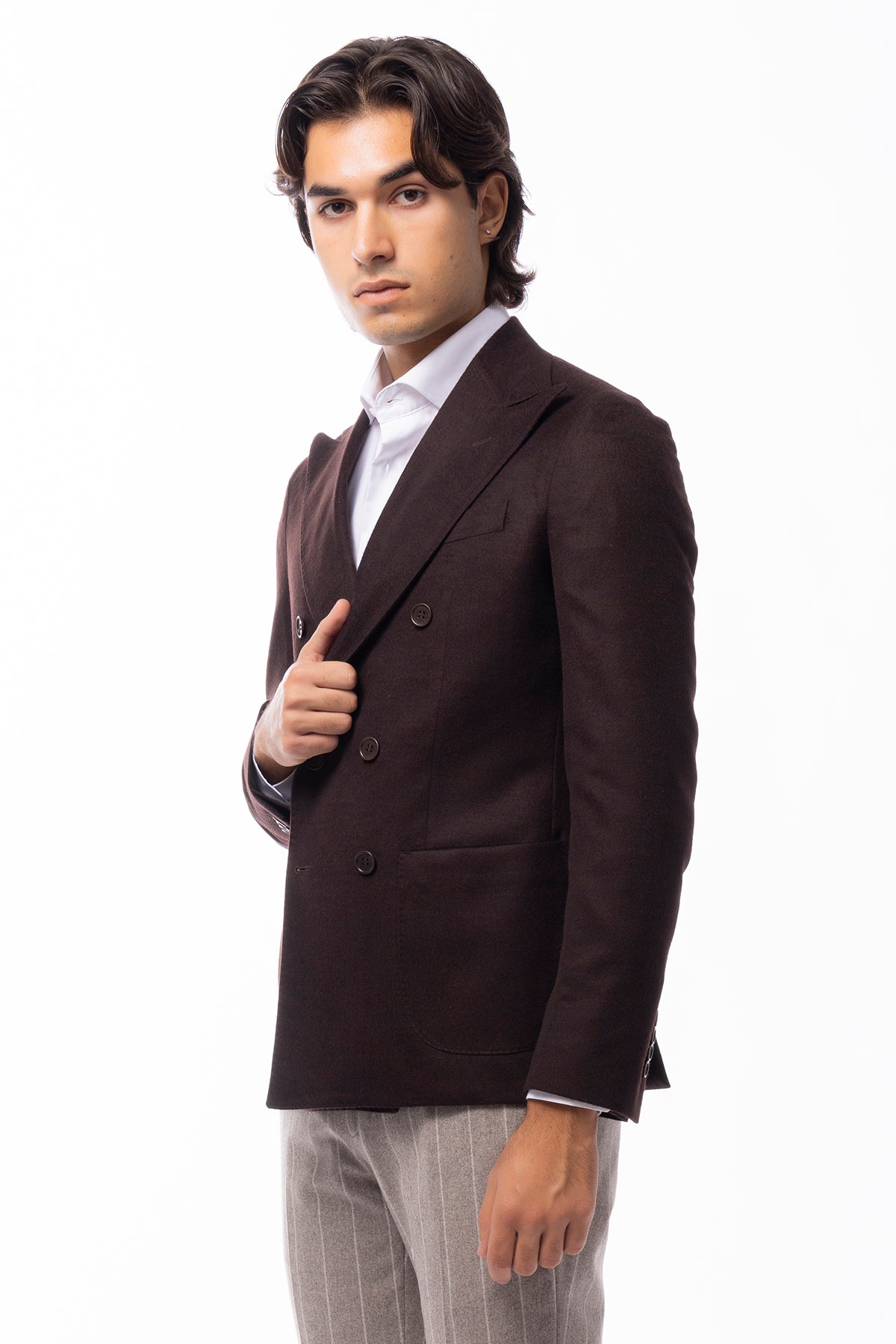 Giacca uomo doppiopetto marrone in cashmere 100% sartoriale slim fit rever largo vitale barberis canonico