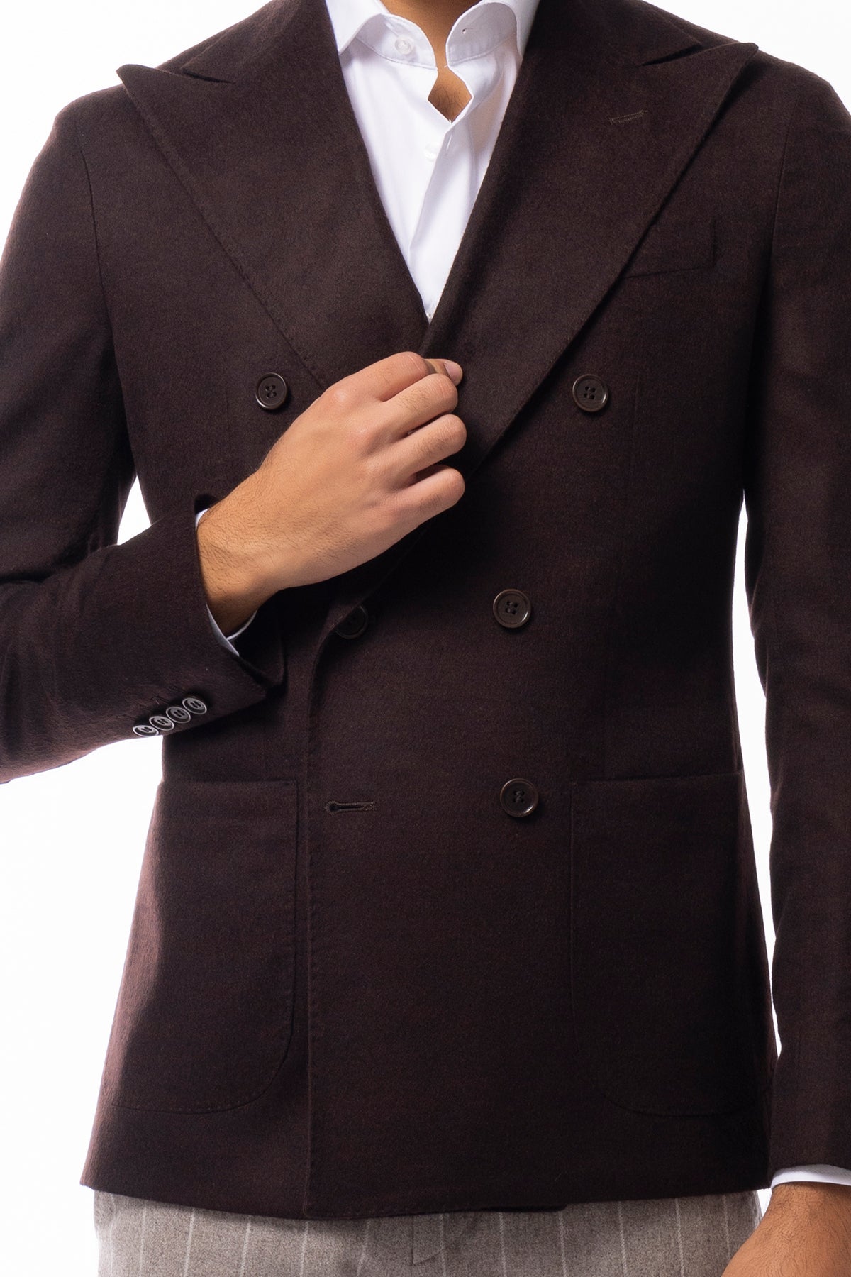 Giacca uomo doppiopetto marrone in cashmere 100% sartoriale slim fit rever largo vitale barberis canonico