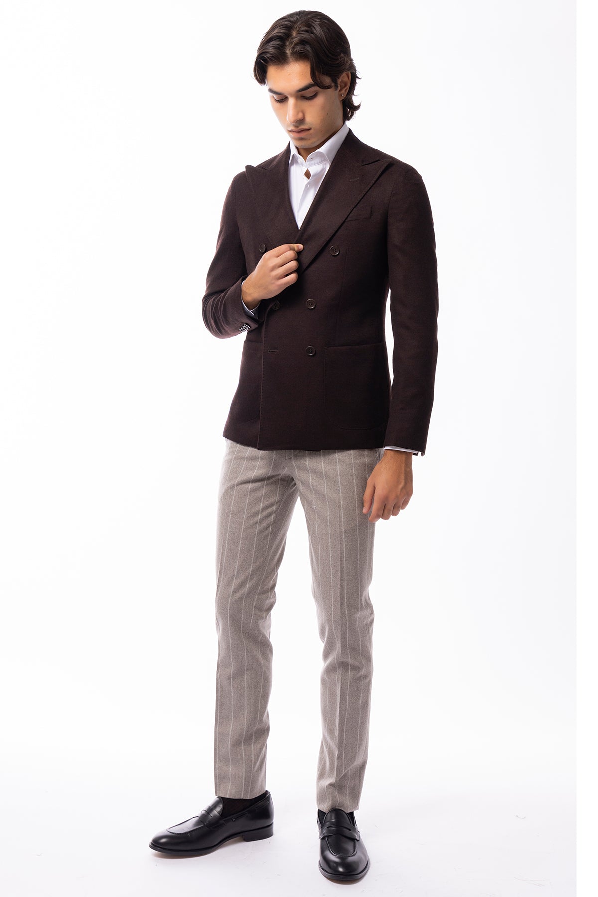 Giacca uomo doppiopetto marrone in cashmere 100% sartoriale slim fit rever largo vitale barberis canonico