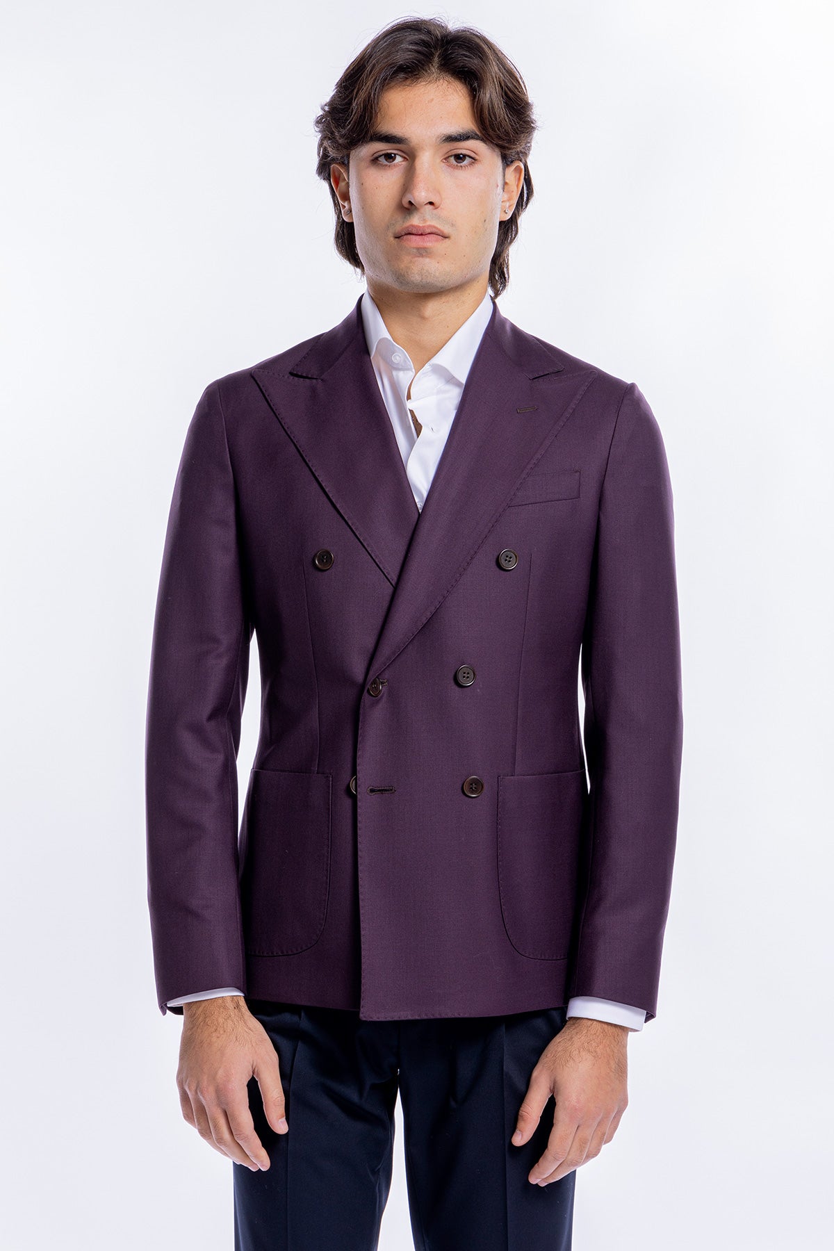 Giacca uomo doppiopetto bordeaux in fresco lana 100% sartoriale slim fit rever largo Holland & Sherry