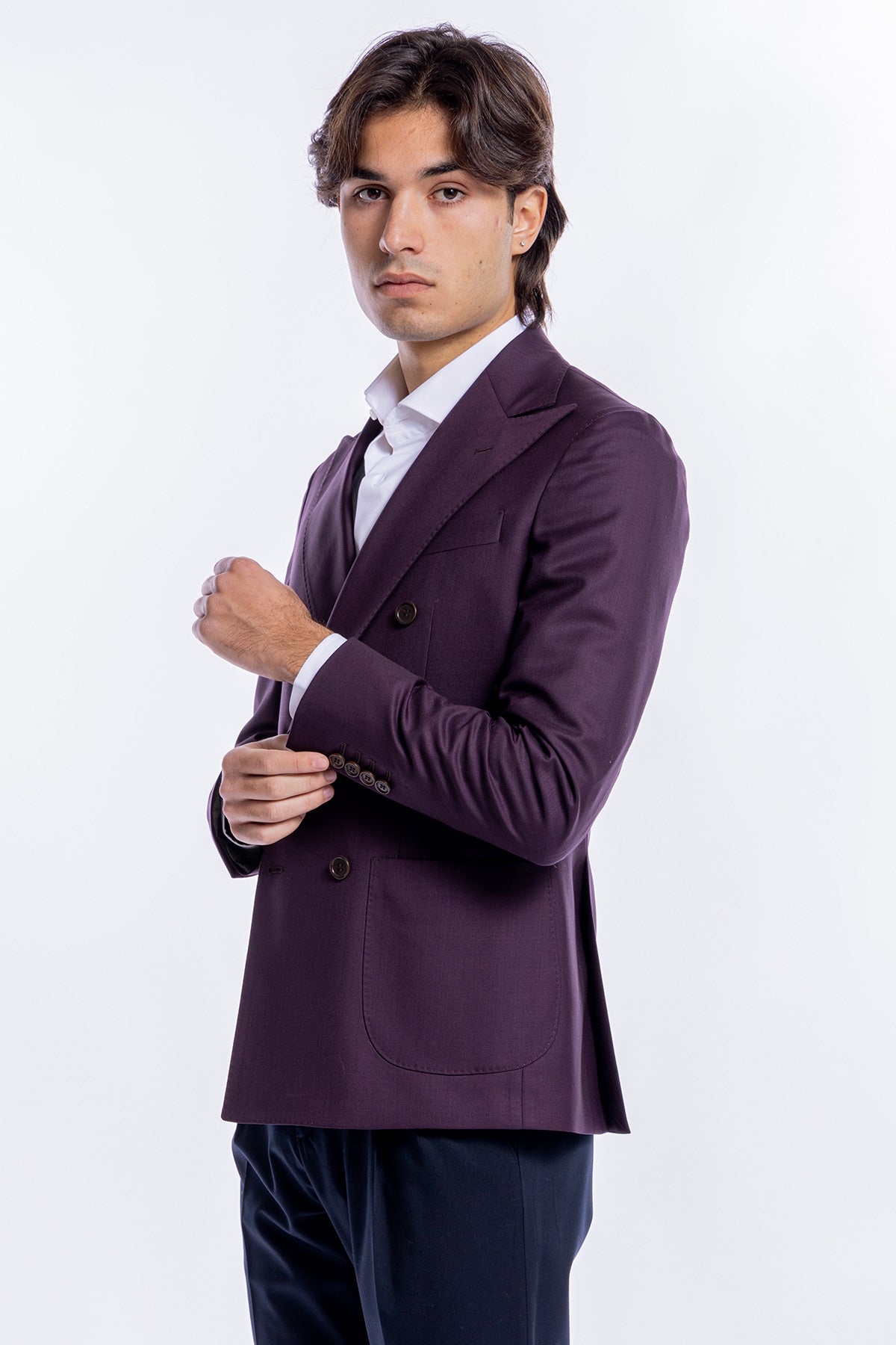 Giacca uomo doppiopetto bordeaux in fresco lana 100% sartoriale slim fit rever largo Holland & Sherry