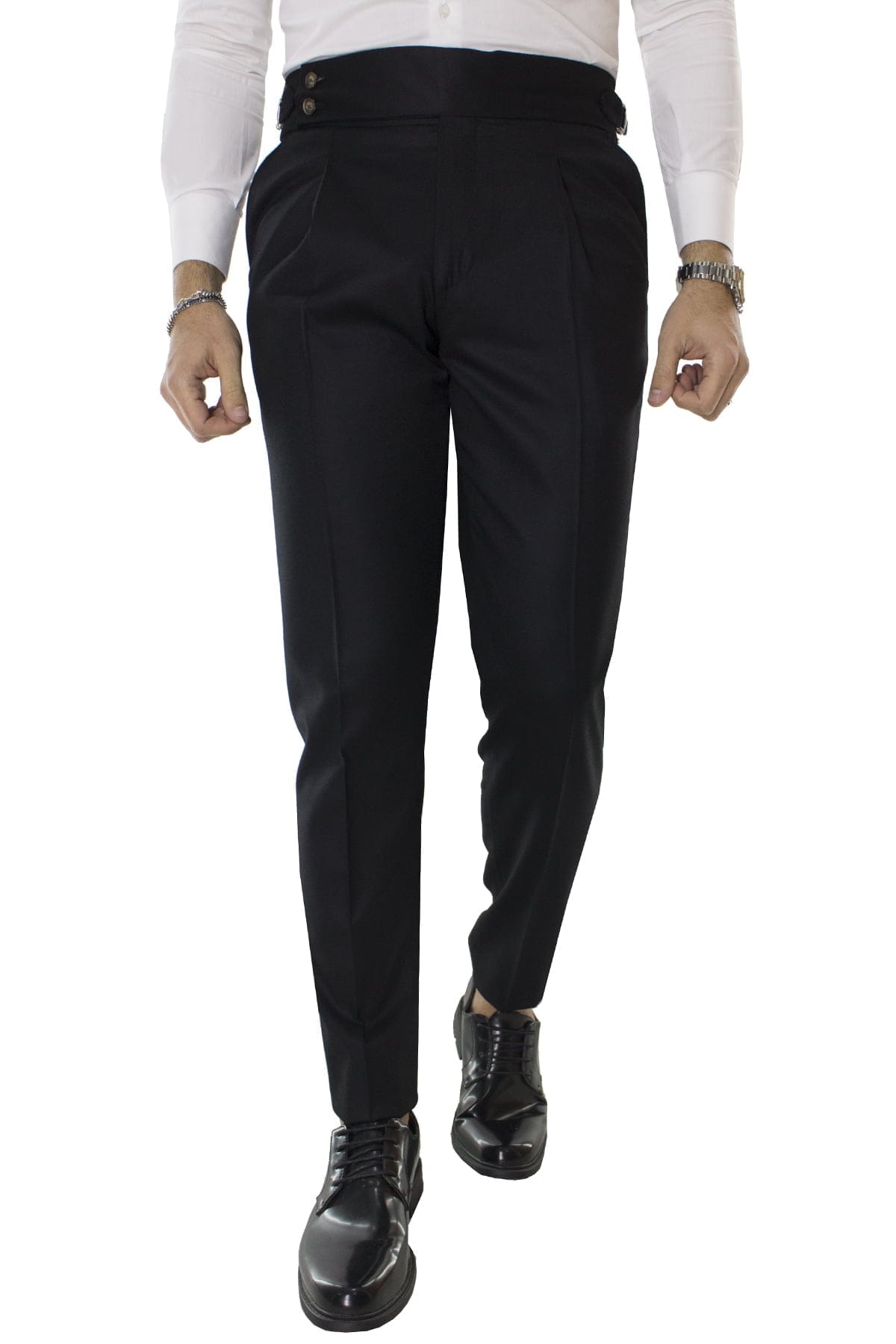 Pantalone uomo nero in lana vita alta con pinces e fibbie laterali vitale barberis canonico