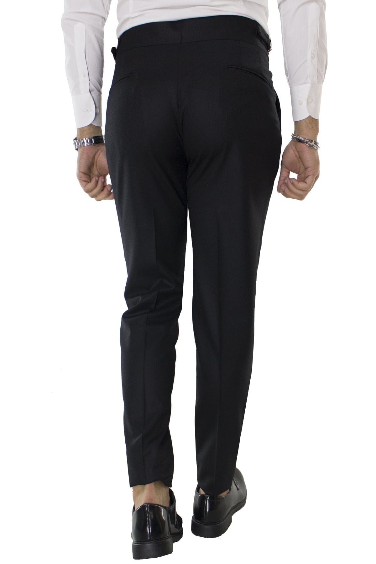 Pantalone uomo nero in lana vita alta con pinces e fibbie laterali vitale barberis canonico
