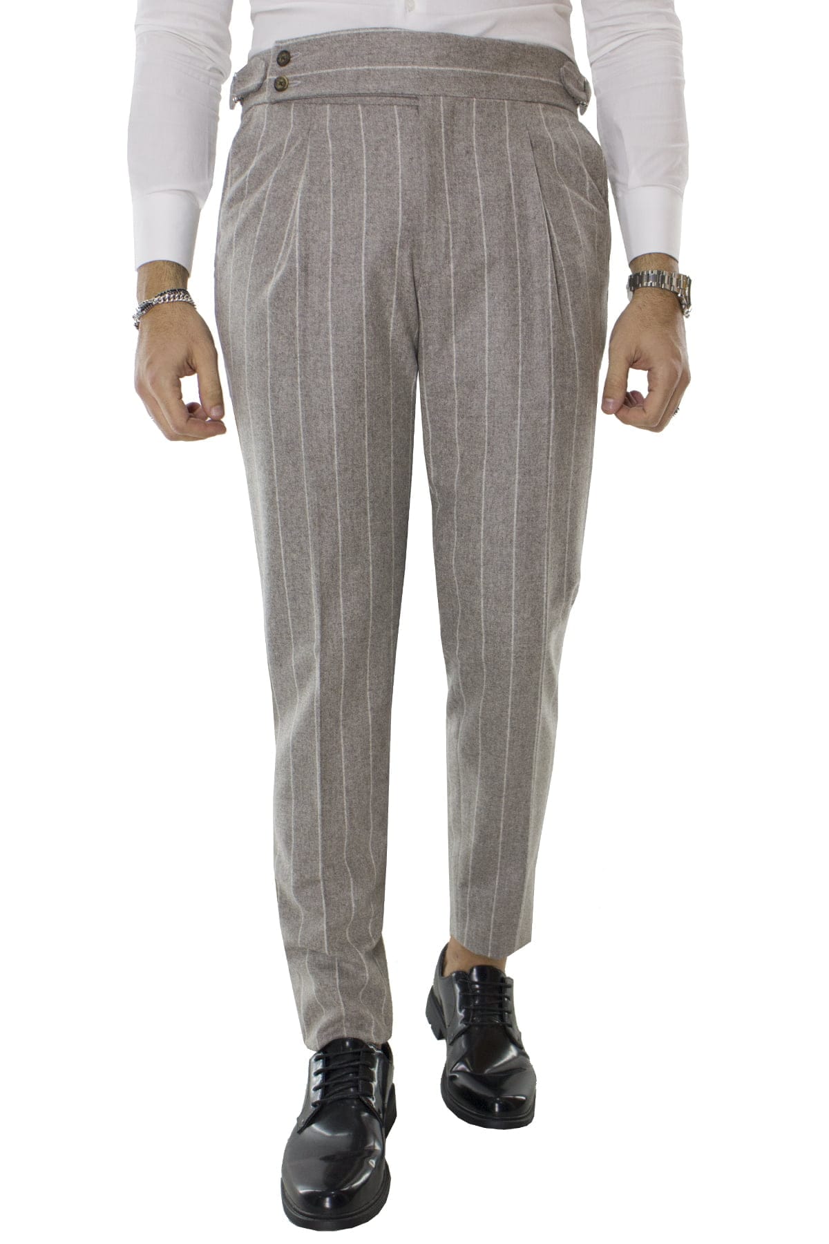 Pantalone uomo tortora gessato in lana vita alta con doppia pinces vitale barberis canonico risvolto 5cm