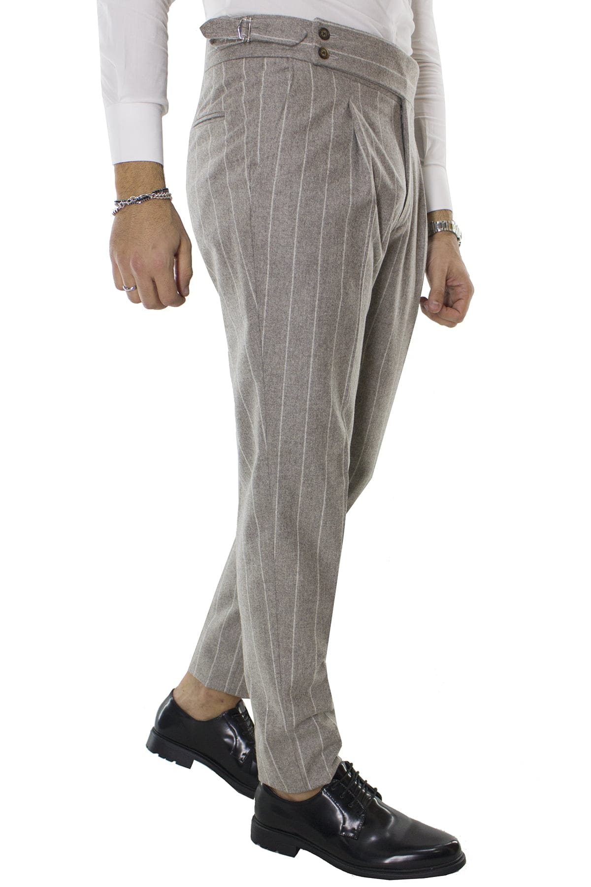Pantalone uomo tortora gessato in lana vita alta con doppia pinces vitale barberis canonico risvolto 5cm