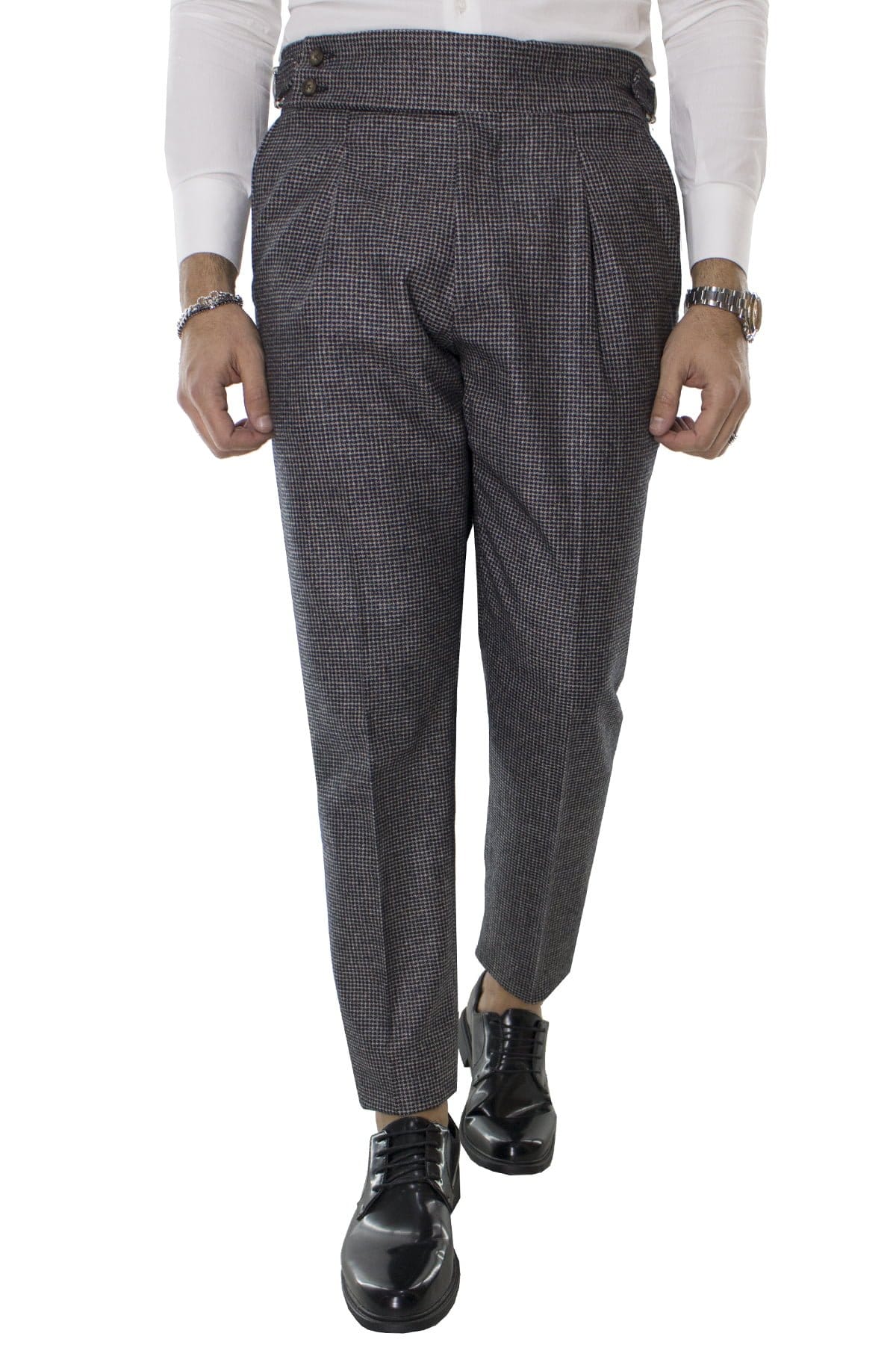 Pantalone uomo grigio fantasia micro nera in lana vita alta con pinces e fibbie laterali vitale barberis canonico