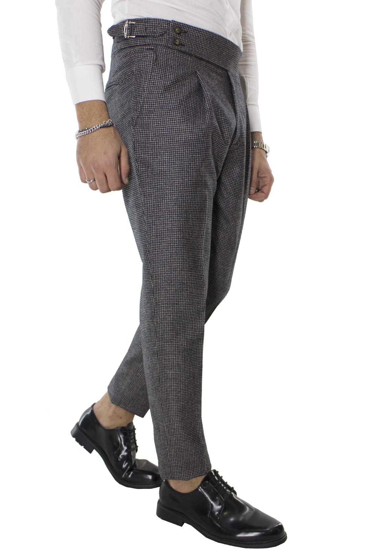 Pantalone uomo grigio fantasia micro nera in lana vita alta con pinces e fibbie laterali vitale barberis canonico