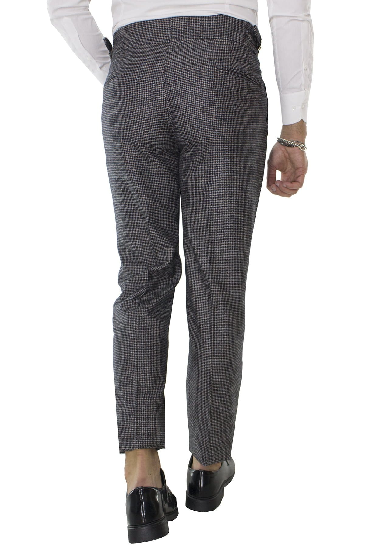 Pantalone uomo grigio fantasia micro nera in lana vita alta con pinces e fibbie laterali vitale barberis canonico