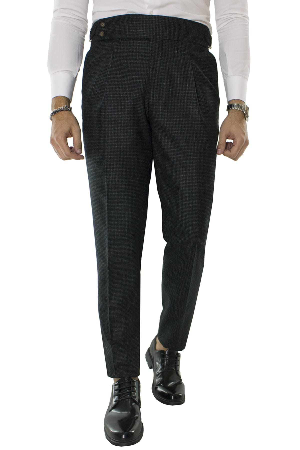 Pantalone uomo verde fantasia micro nera in lana vita alta con pinces e fibbie laterali vitale barberis canonico