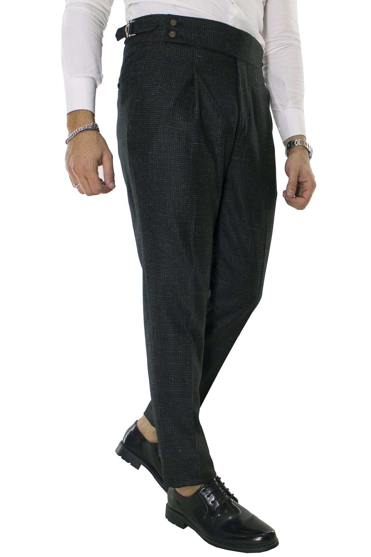 Pantalone uomo verde fantasia micro nera in lana vita alta con pinces e fibbie laterali vitale barberis canonico