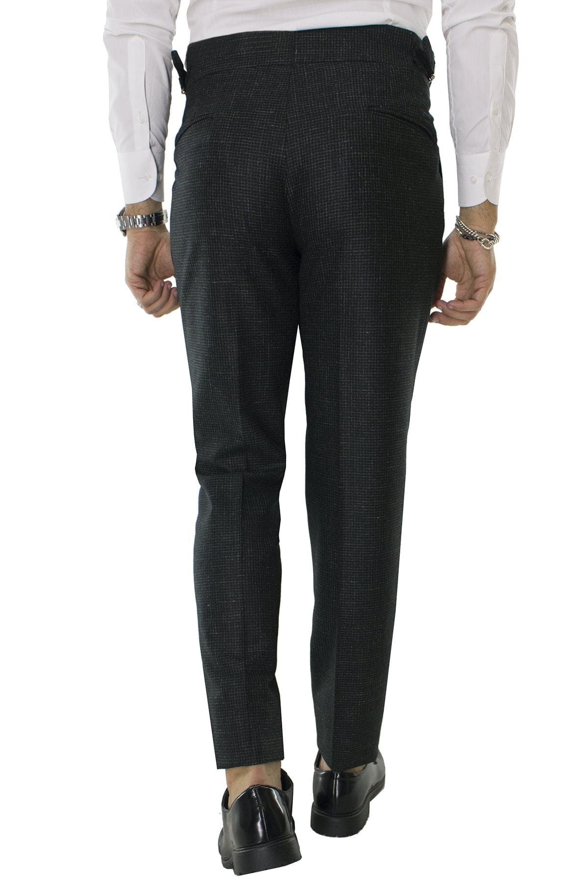 Pantalone uomo verde fantasia micro nera in lana vita alta con pinces e fibbie laterali vitale barberis canonico