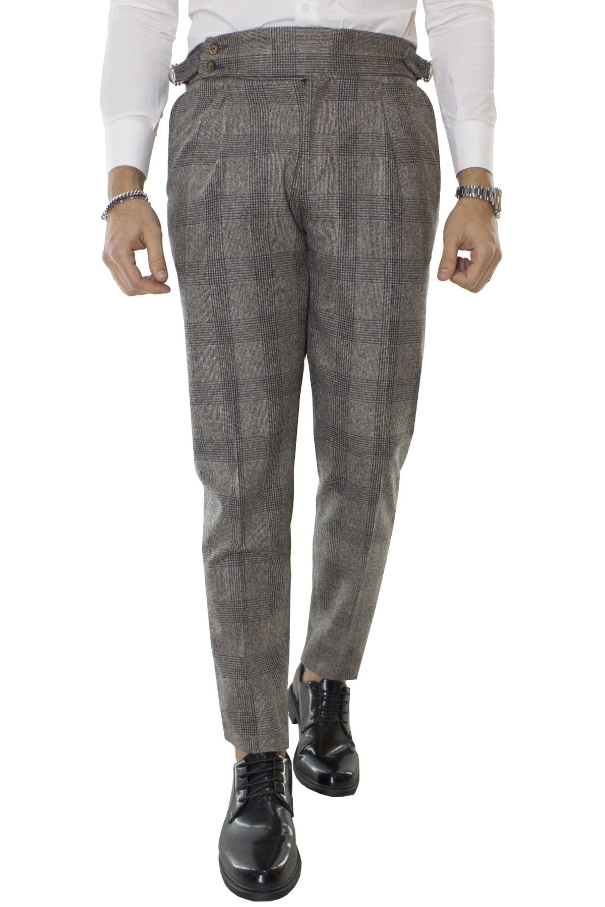 Pantalone uomo tortora fantasia galles in lana vita alta con pinces e fibbie laterali vitale barberis canonico