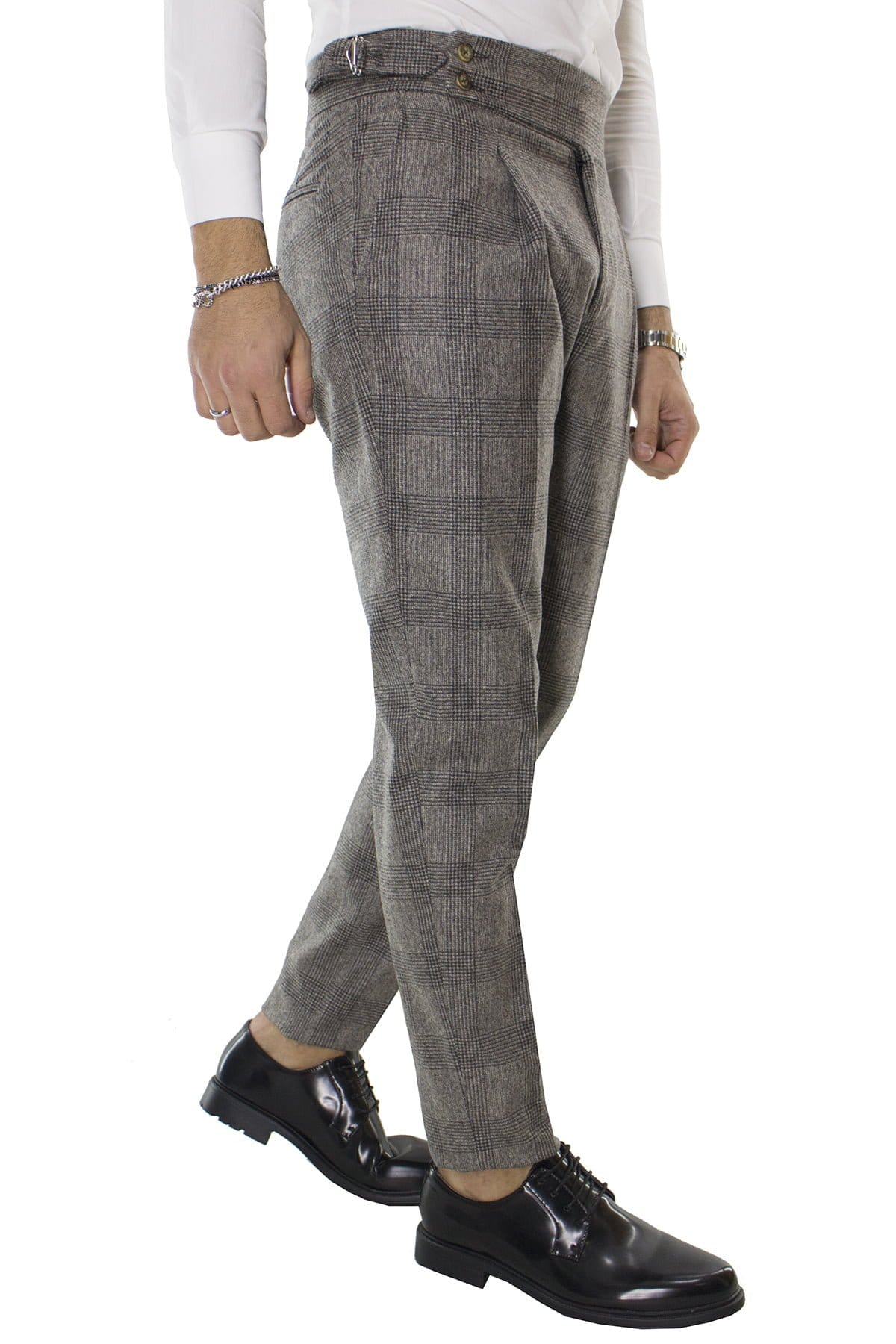 Pantalone uomo tortora fantasia galles in lana vita alta con pinces e fibbie laterali vitale barberis canonico