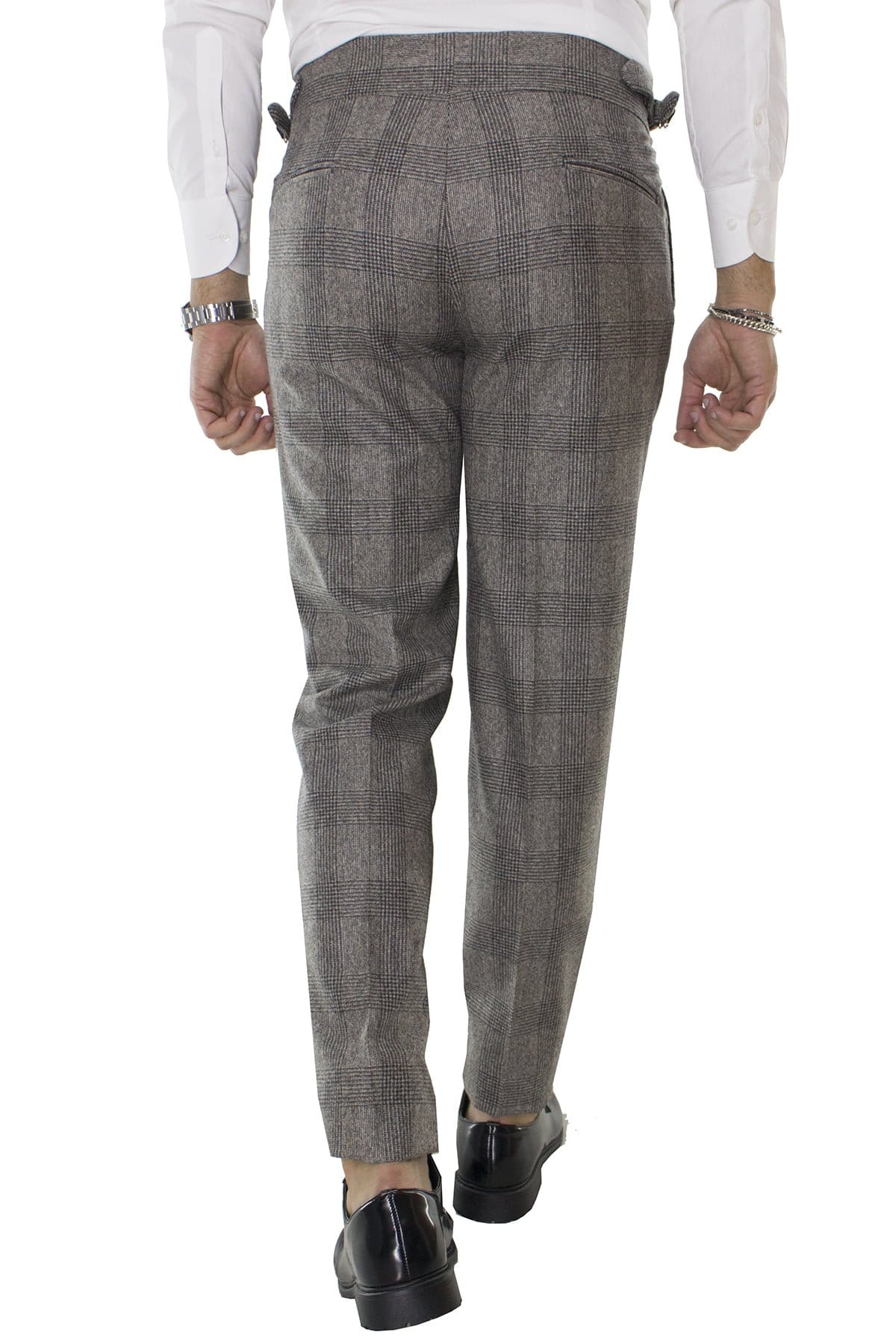 Pantalone uomo tortora fantasia galles in lana vita alta con pinces e fibbie laterali vitale barberis canonico