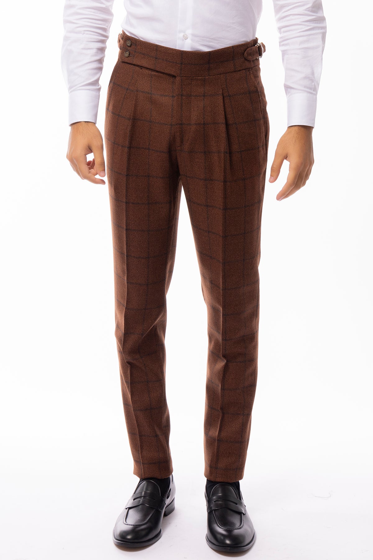 Pantalone uomo coccio fantasia quadri in lana vita alta con pinces e fibbie laterali vitale barberis canonico