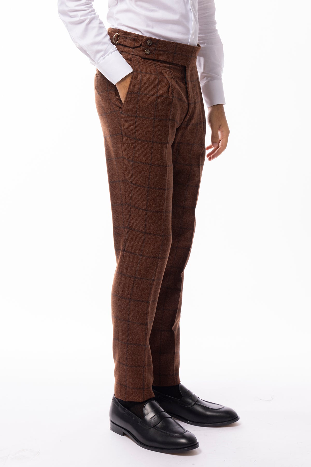 Pantalone uomo coccio fantasia quadri in lana vita alta con pinces e fibbie laterali vitale barberis canonico