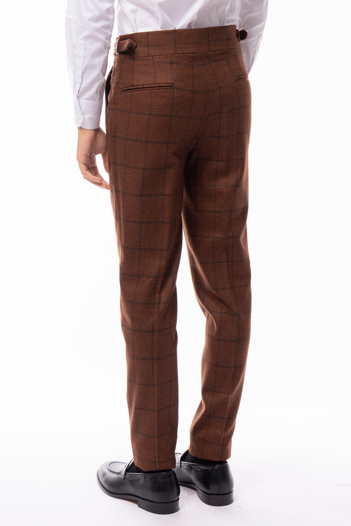 Pantalone uomo coccio fantasia quadri in lana vita alta con pinces e fibbie laterali vitale barberis canonico
