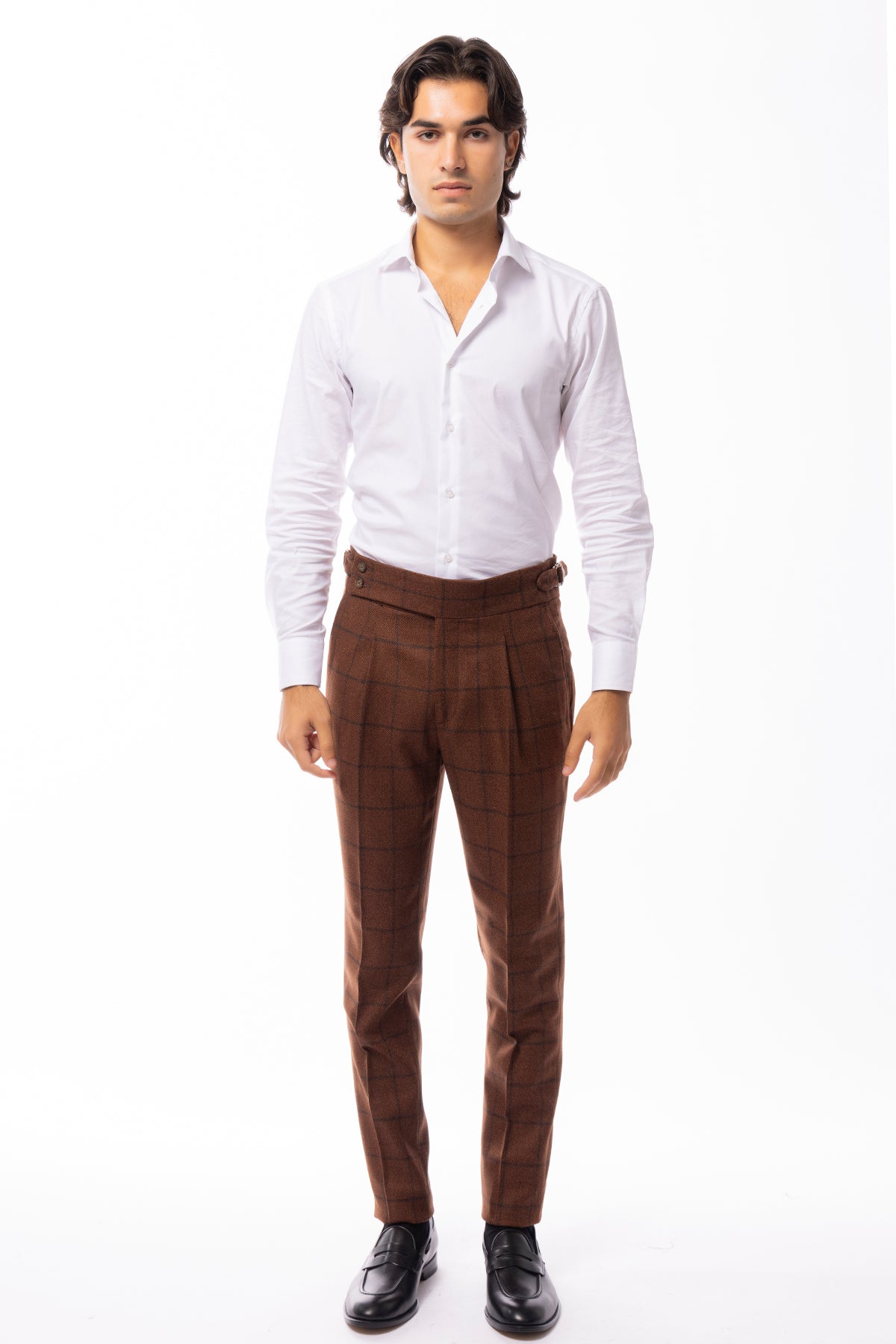 Pantalone uomo coccio fantasia quadri in lana vita alta con pinces e fibbie laterali vitale barberis canonico