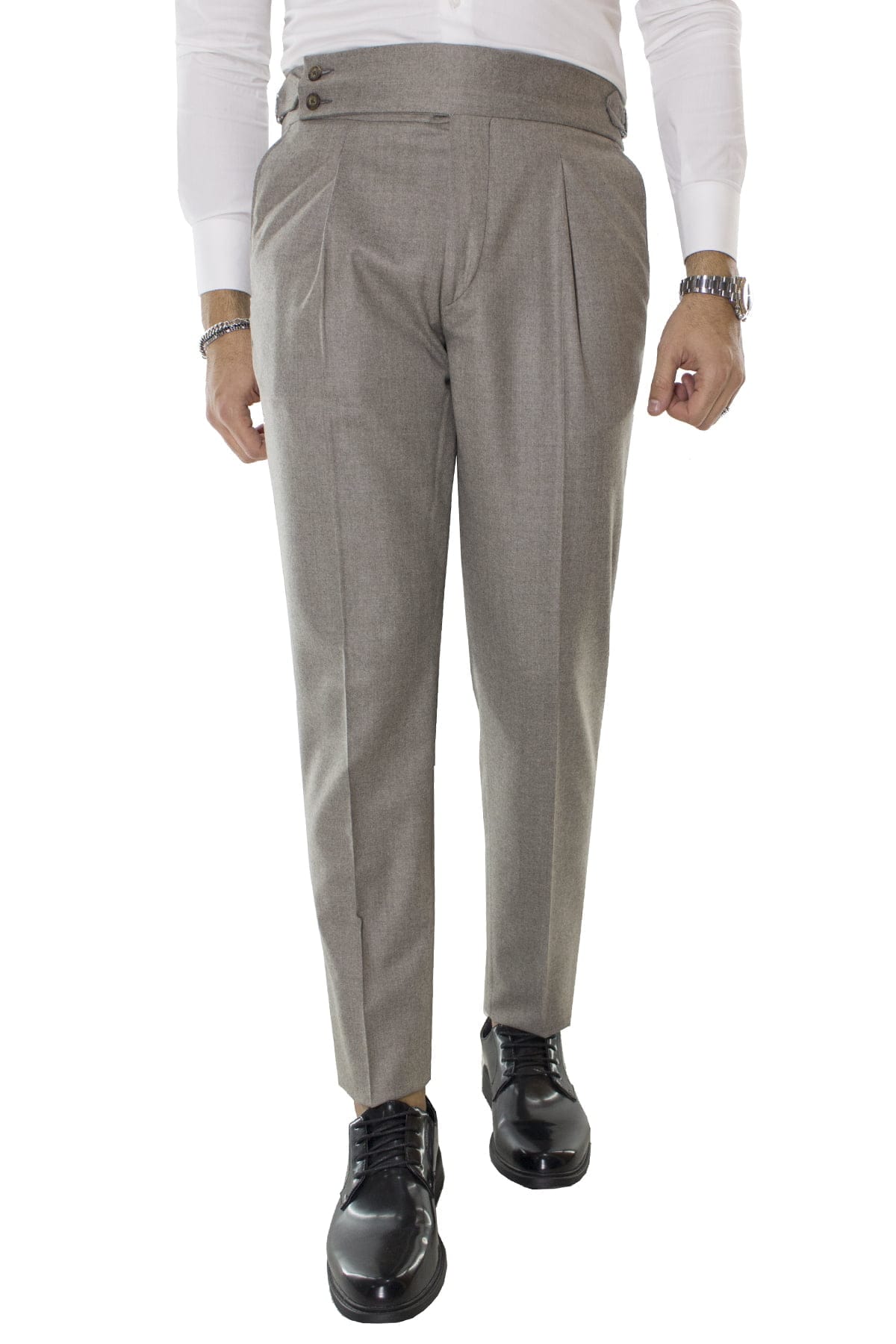 Pantalone uomo tortora in lana vita alta con pinces e fibbie laterali vitale barberis canonico