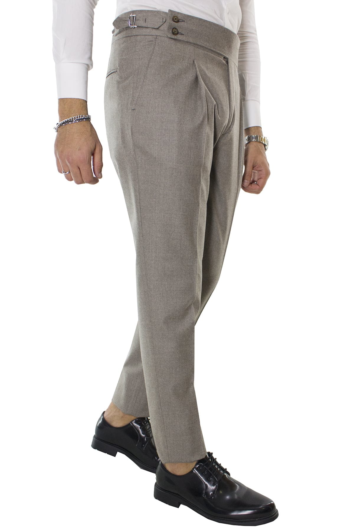 Pantalone uomo tortora in lana vita alta con pinces e fibbie laterali vitale barberis canonico