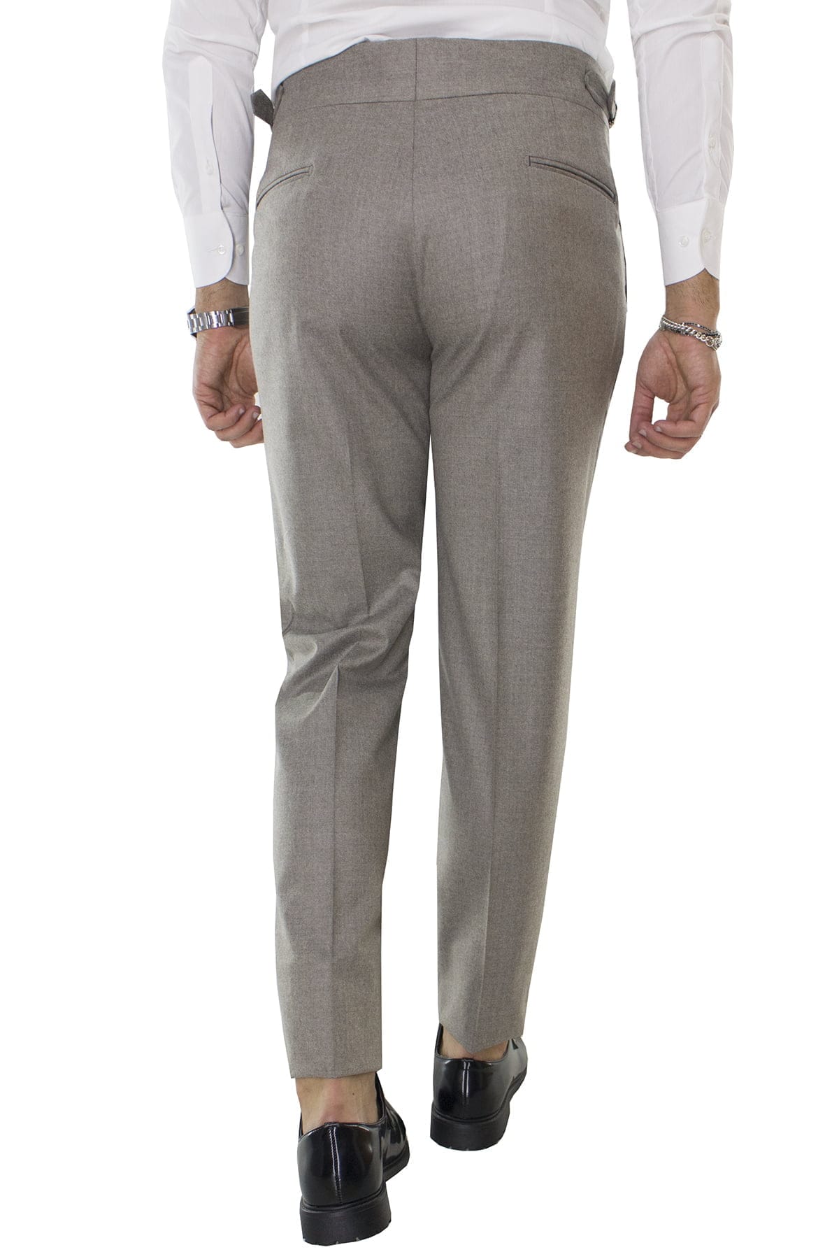 Pantalone uomo tortora in lana vita alta con pinces e fibbie laterali vitale barberis canonico