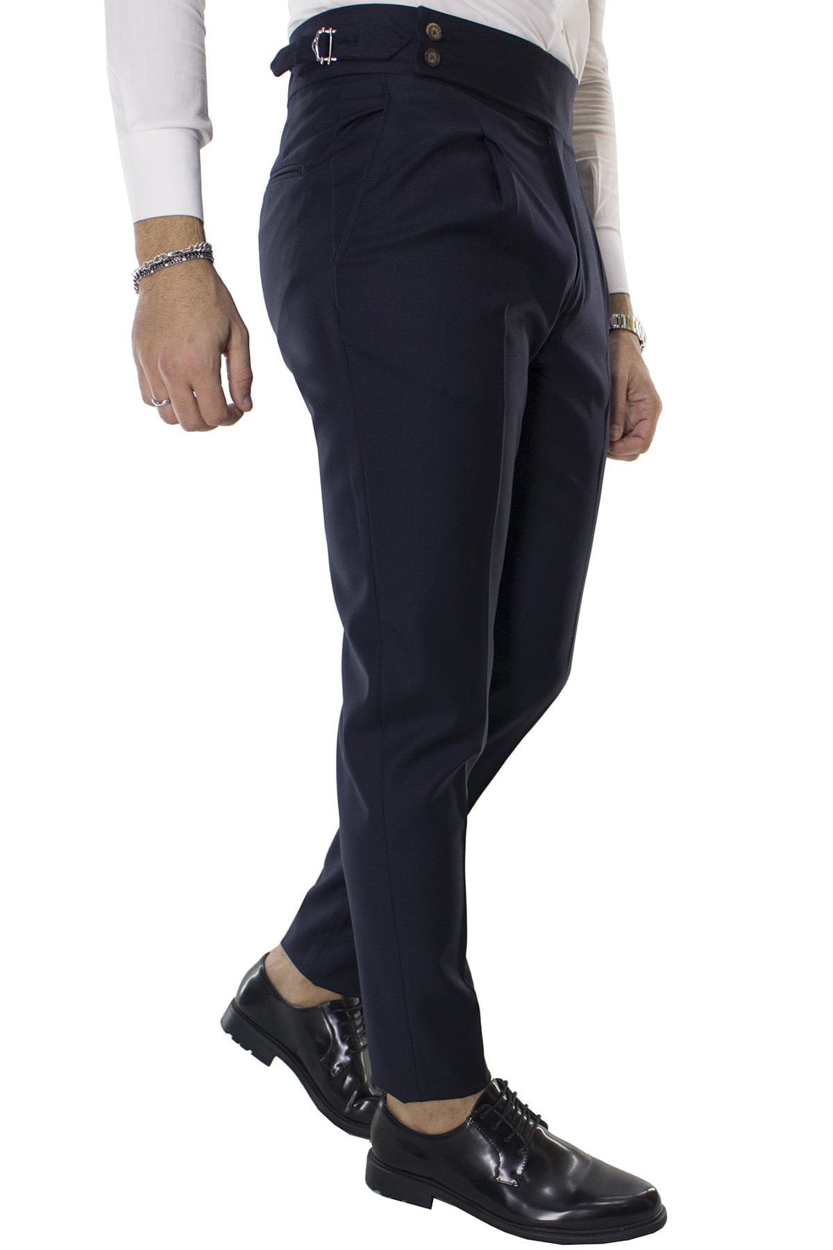 Carillo Moda Pantalone Uomo Blu in Lana Vita Alta con Pinces e Fibbie Laterali Vitale barberis canonico