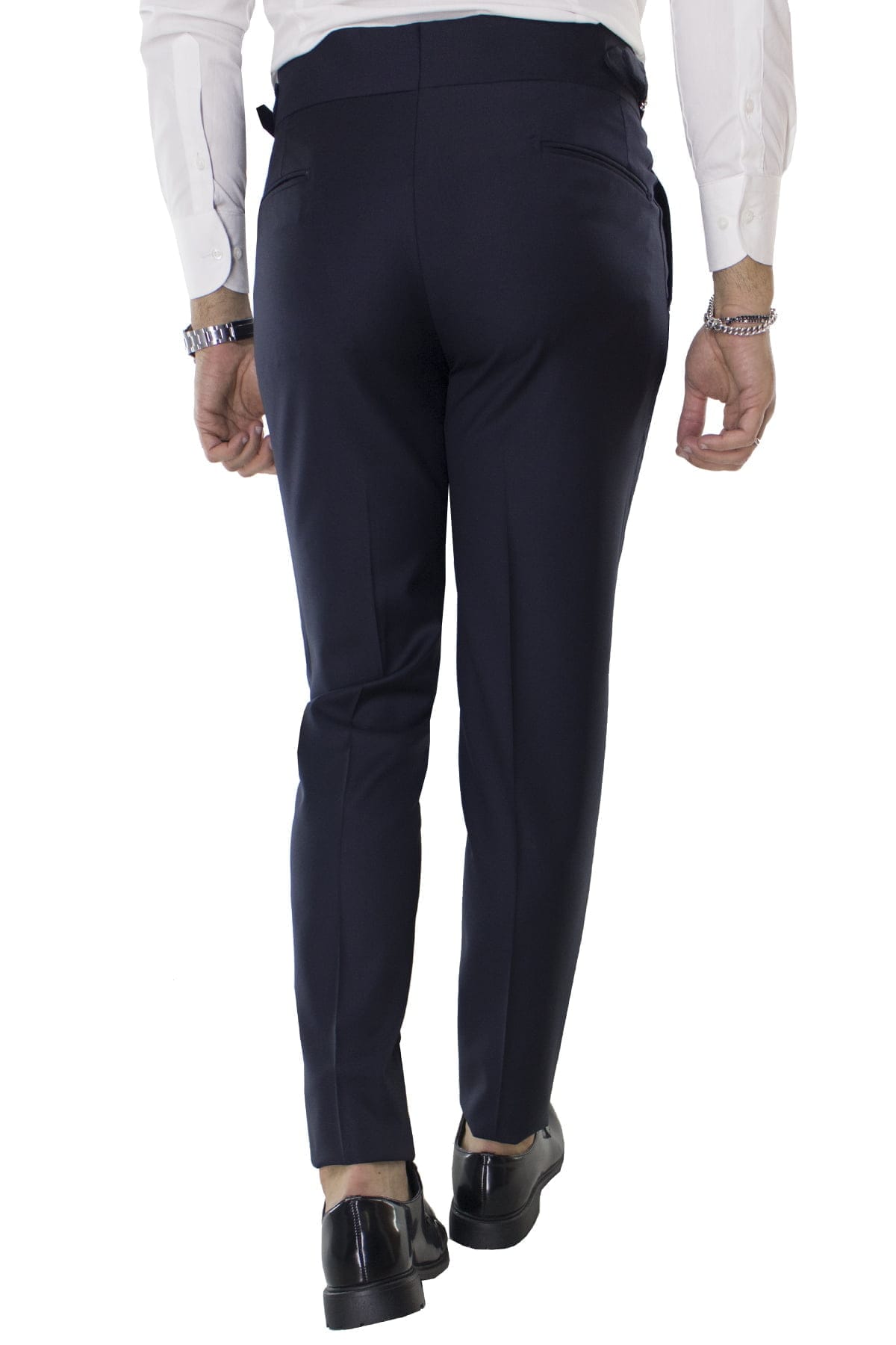 Carillo Moda Pantalone Uomo Blu in Lana Vita Alta con Pinces e Fibbie Laterali Vitale barberis canonico